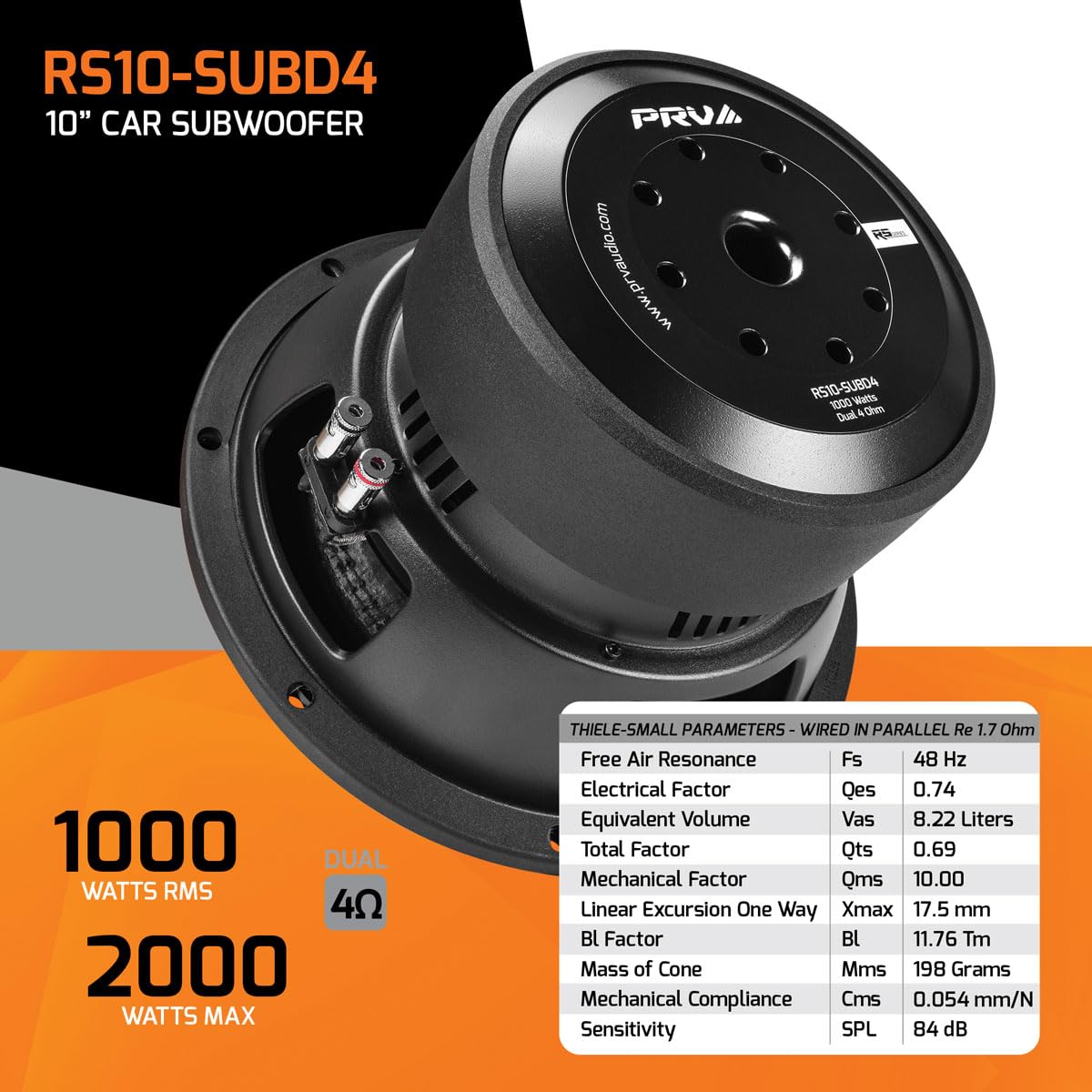 PRV AUDIO 10" Sub D4 de 2000 vatios de potencia máxima Dual 4 Ohm, Xmax de 17.5 mm, RS10-SUBD4, bobina de voz de 2.6 pulgadas, Subwoofer de coche de 10 pulgadas de tonos bajos profundos para sistemas