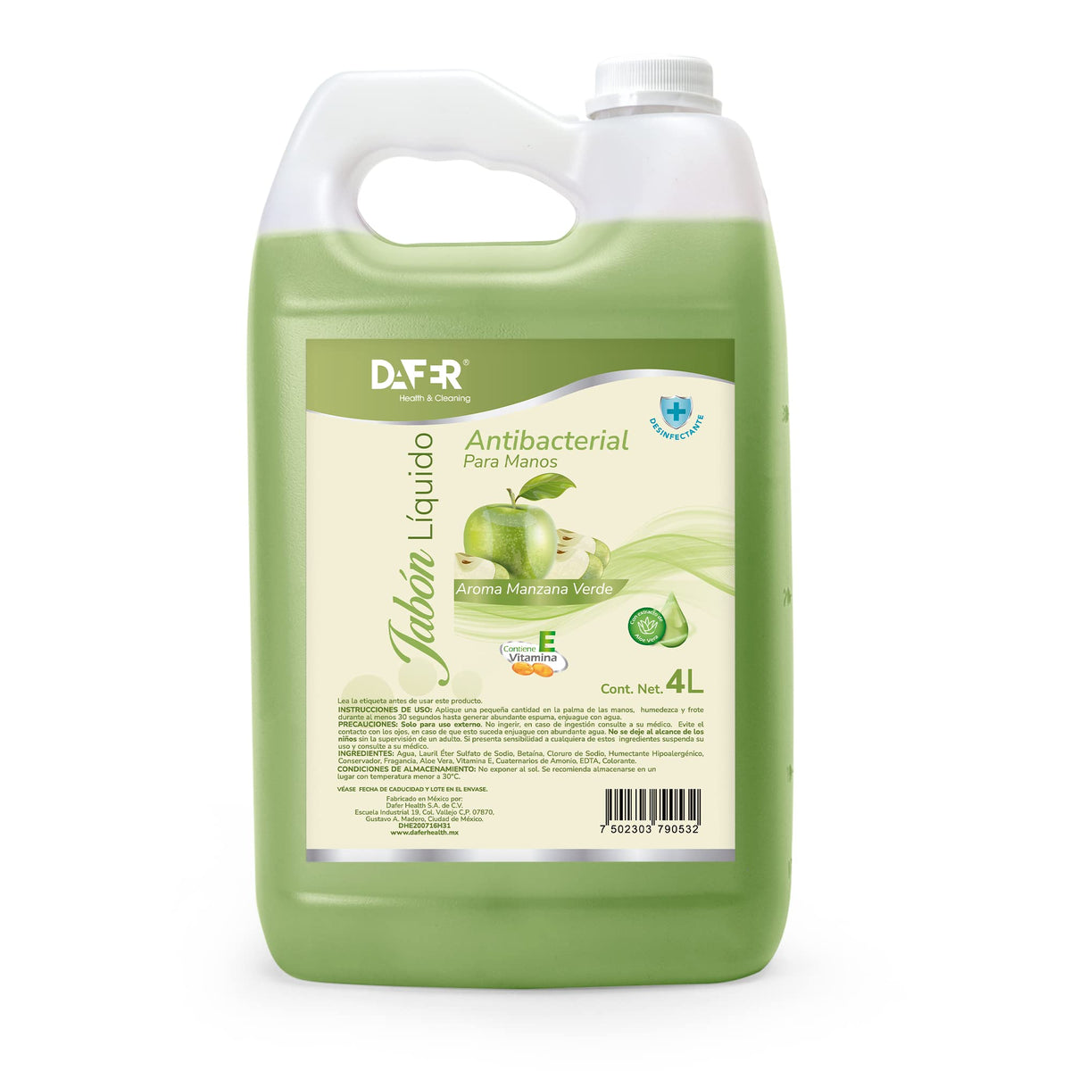 Dafer Health & Cleaning Jabón Líquido antibacterial para manos adicionado con Vitamina E y Aloe Vera por galón o garrafa, buena consistencia, shampoo para manos. (Manzana verde, 4L)