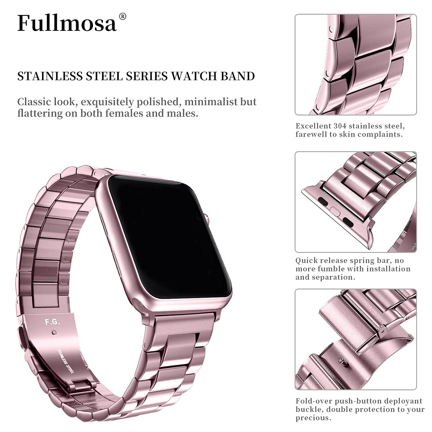 Fullmosa Correa Compatible Con Apple Watch 44mm 45mm 42mm,Pulsera Acero Inoxidable con Case Para iWatch SE/Series 9/8/7/6/5/4/3/2/1,44mm 45mm 42mm Rosa