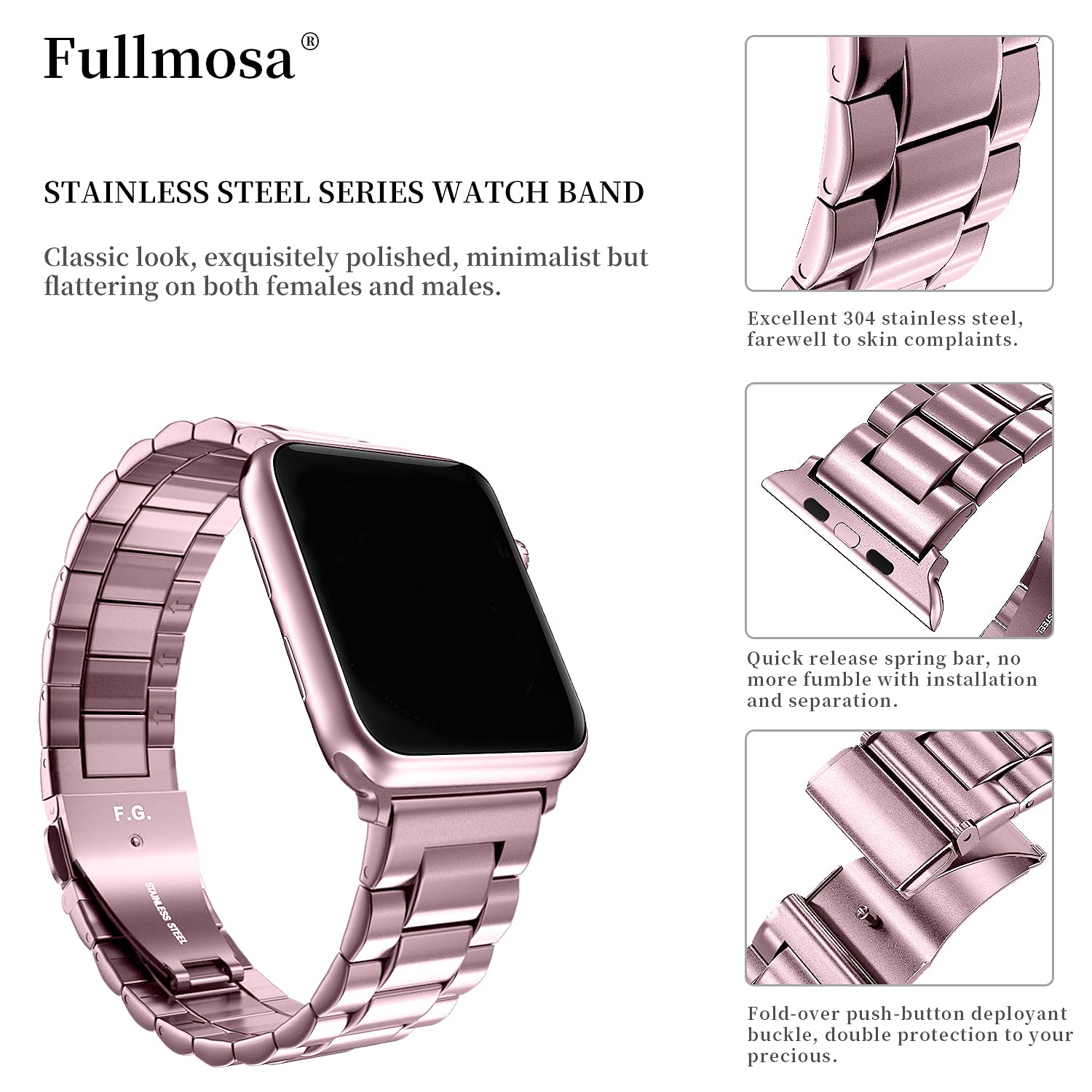Fullmosa Correa Compatible Con Apple Watch 44mm 45mm 42mm,Pulsera Acero Inoxidable con Case Para iWatch SE/Series 9/8/7/6/5/4/3/2/1,44mm 45mm 42mm Rosa
