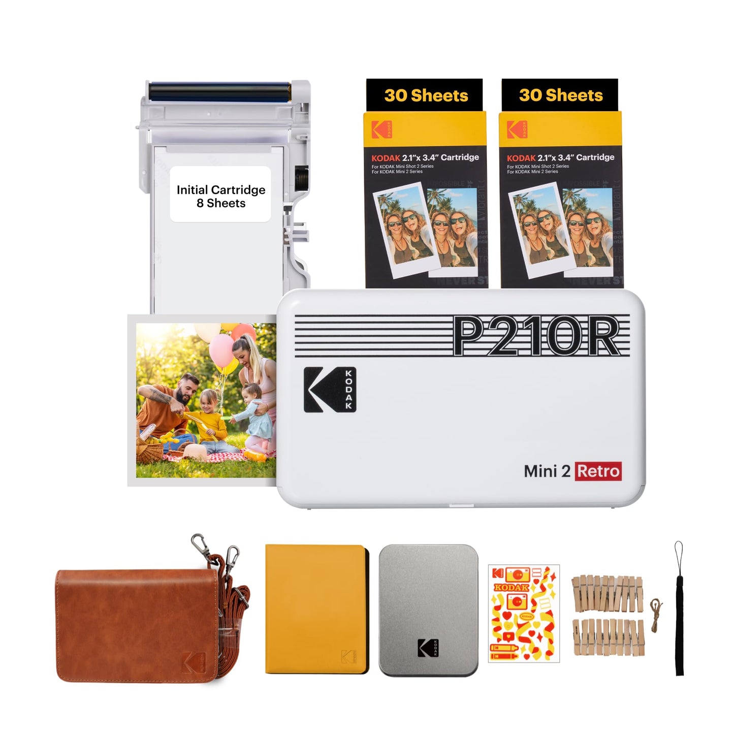 KODAK Mini 2 Retro 4PASS Impresora de Fotos Portátil (5,3x8,6cm) + Pack de Regalo con 68 Hojas, Blanco