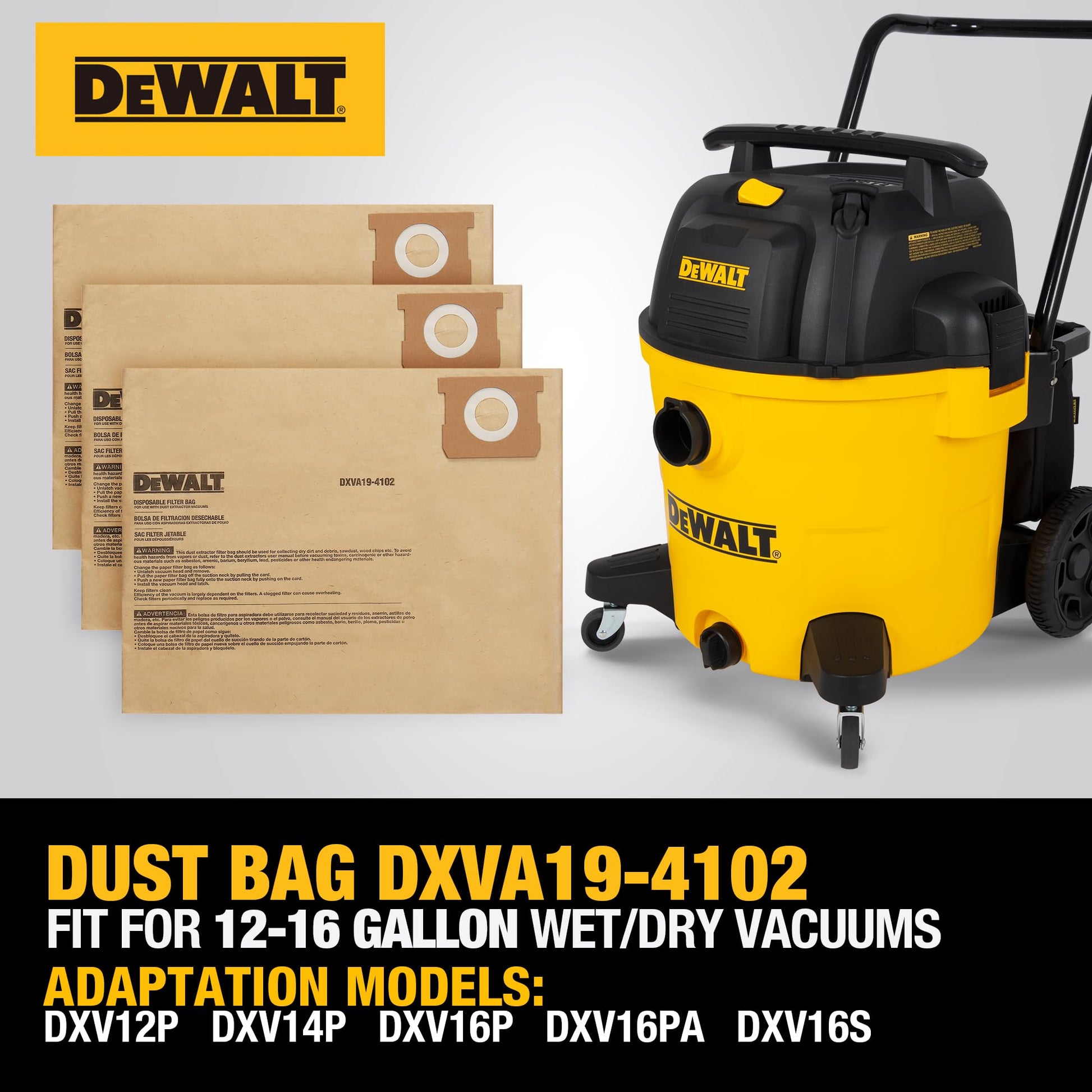 DEWALT DXVA19-4102, bolsa de filtro compatible con DXV12P DXV14P DXV16PA DXV16S