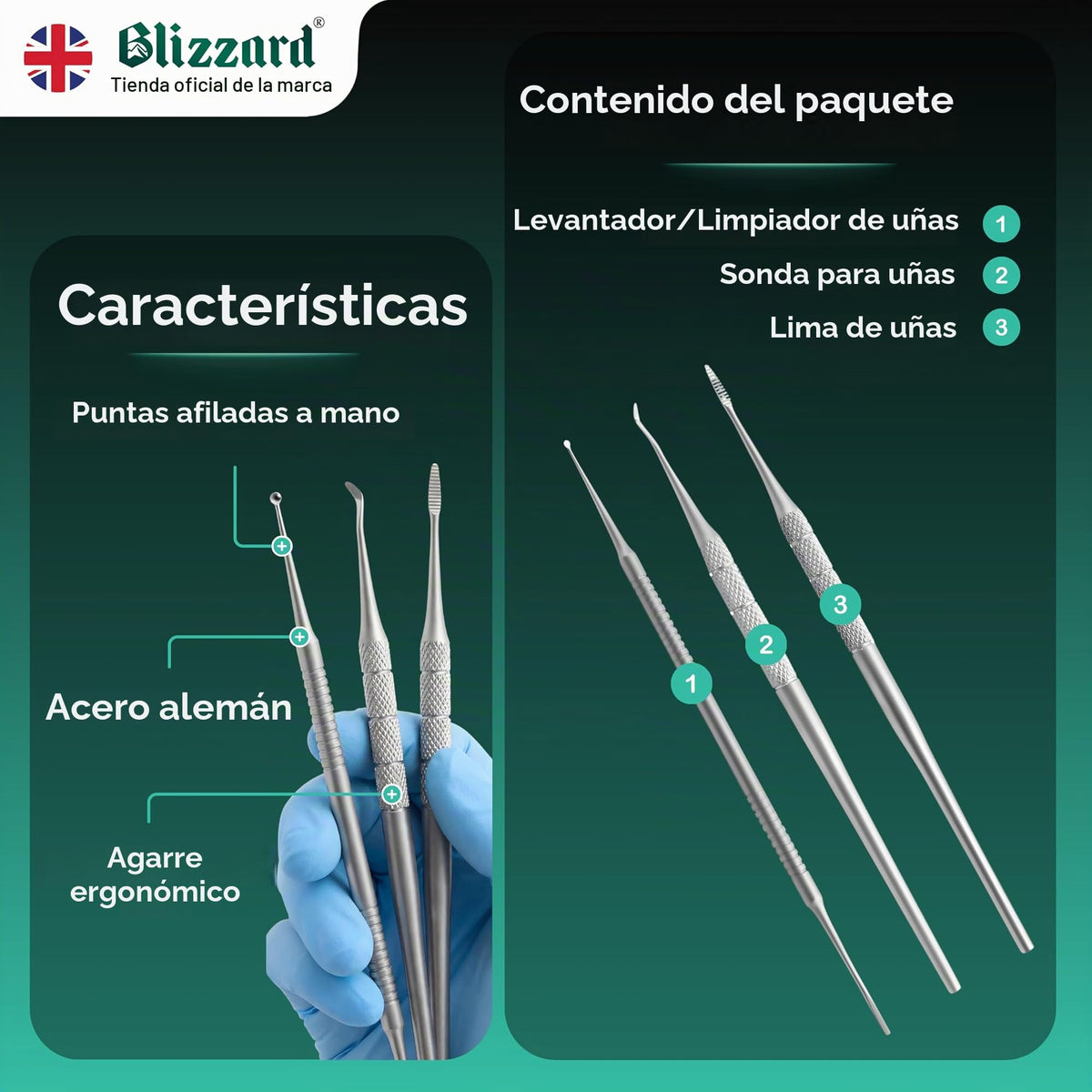Blizzard Kit Pedicura Profesional 3 Piezas - Herramientas para Uñas Encarnadas y Delicadas - Utensilios de Acero Inoxidable Podología Lima Metálica Sonda Elevador Limpiador Cuidado de Pies Premium