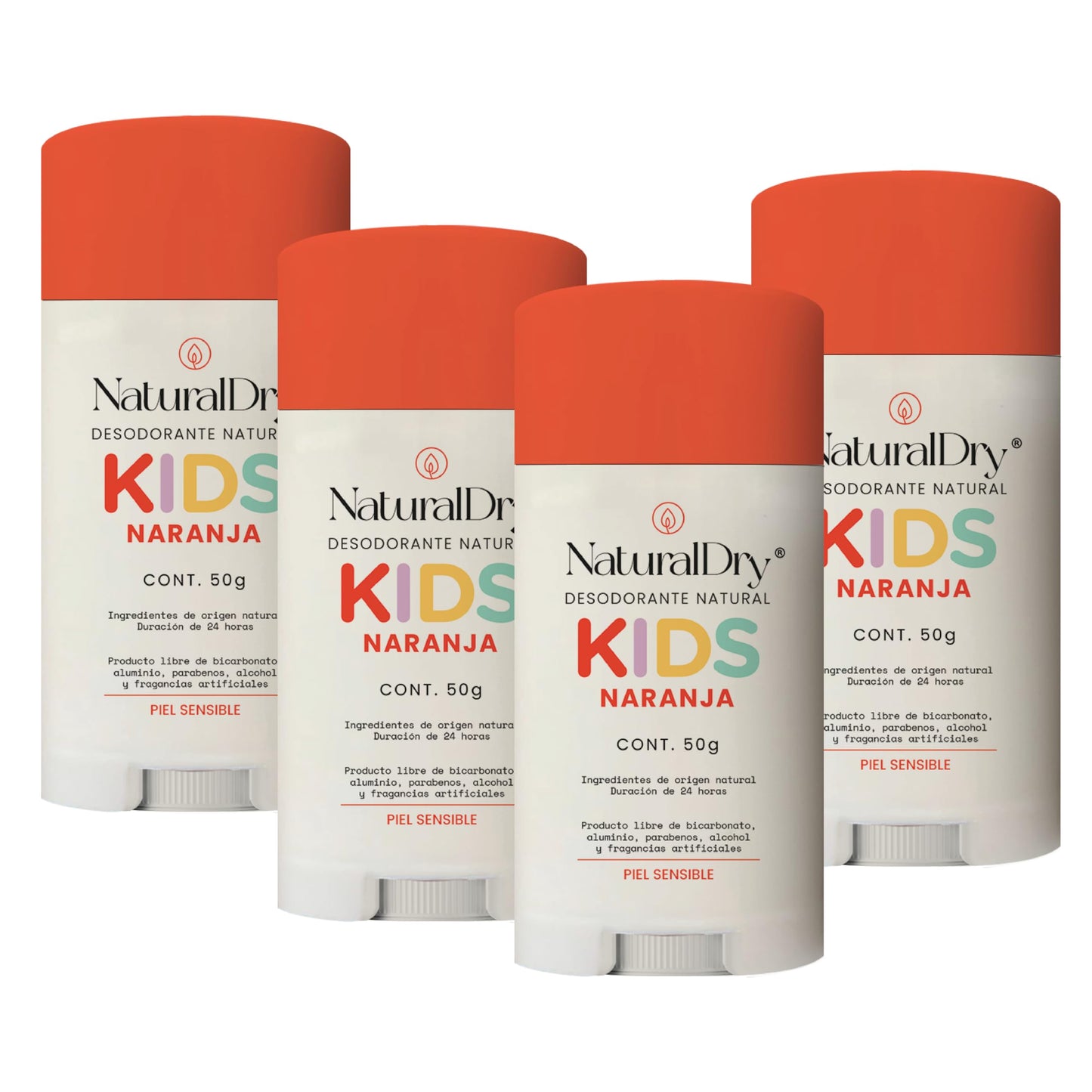 NaturalDry - Pack 4 Kids Piel Sensible- Desodorante SIN Bicarbonato de Sodio - Natural para niños - No obstruye los poros - Elimina el mal olor - SIN ALUMINIO - Sin parabenos - Aroma Naranja- en barra (4 unidades)