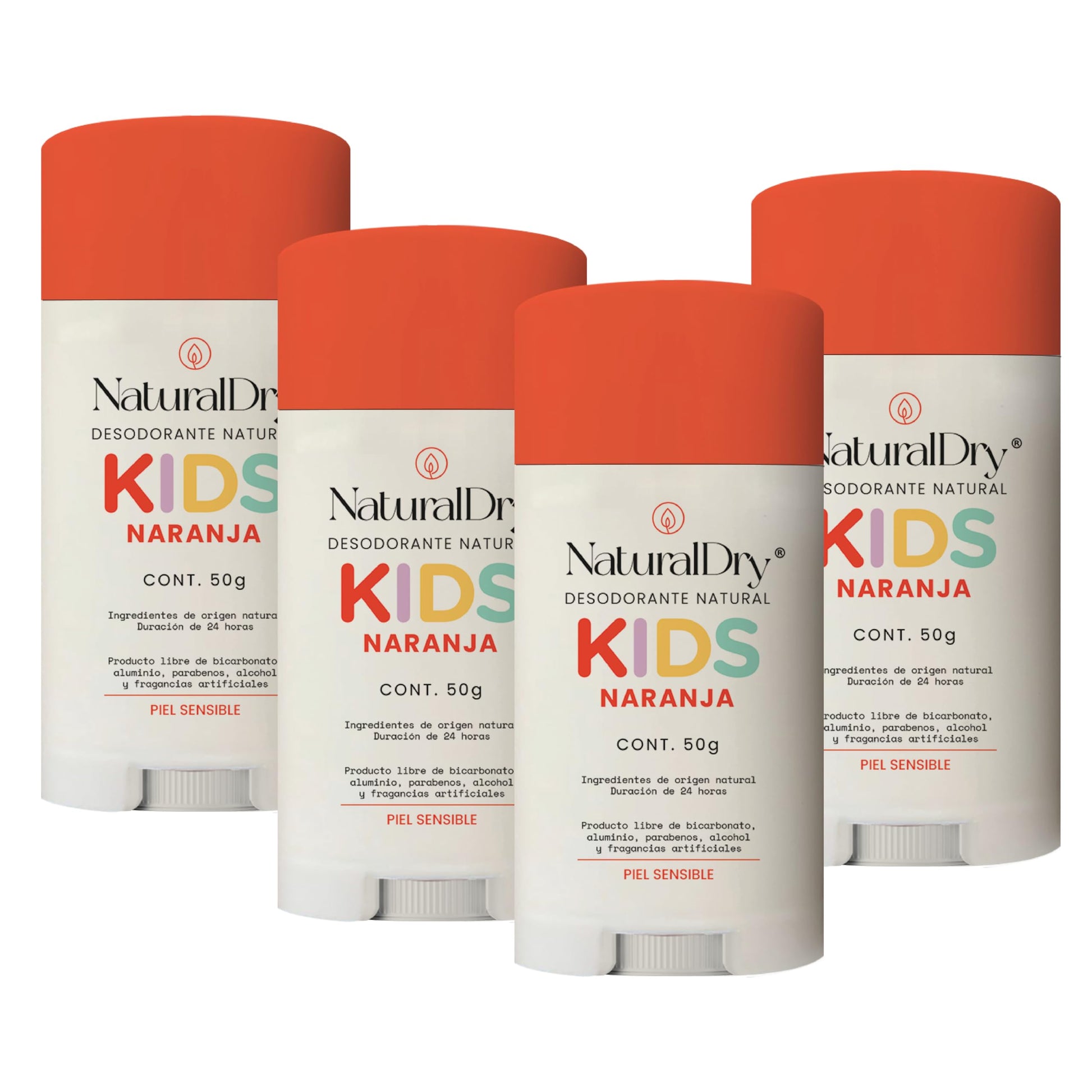 NaturalDry - Pack 4 Kids Piel Sensible- Desodorante SIN Bicarbonato de Sodio - Natural para niños - No obstruye los poros - Elimina el mal olor - SIN ALUMINIO - Sin parabenos - Aroma Naranja- en barra (4 unidades)