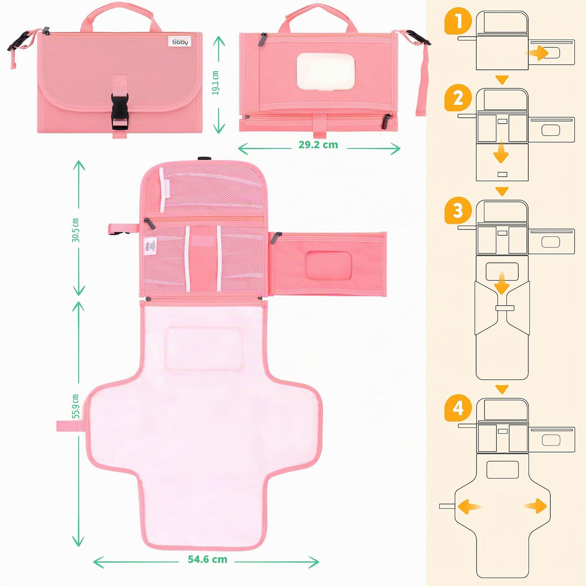 Kopi Baby - Cambiador de pañales portátil para bebé, bolsa de viaje con bolsillo para toallitas, tapete cambiador portátil de diseño inteligente, kit de estación de viaje para bebés, regalo para niñas