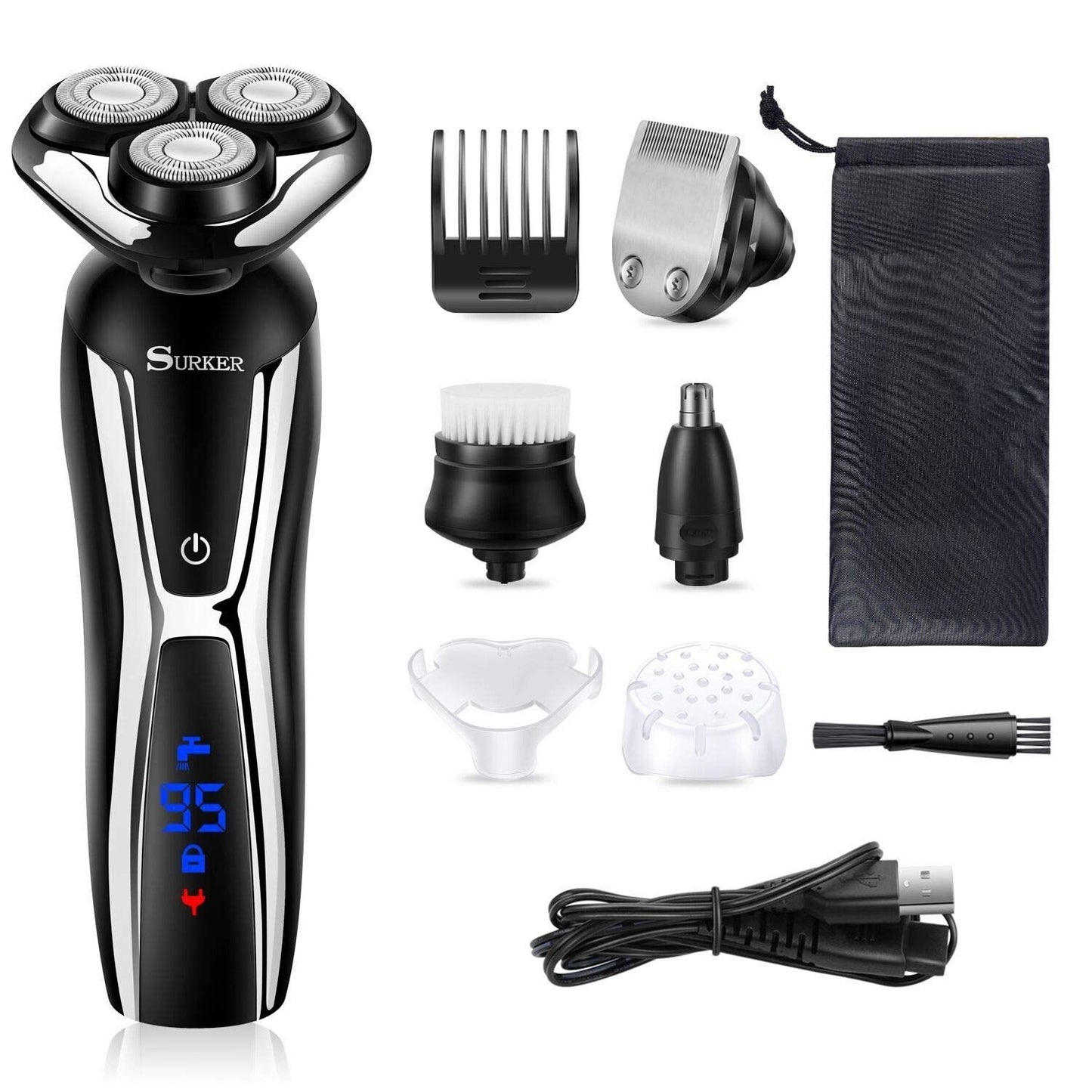 SURKER Maquinilla de afeitar eléctrica sin cable para barba para hombres, recortadora de pelo de nariz 3 en 1, kit de aseo más 1 cepillo de limpieza facial impermeable, recargable por USB, seco y húmedo