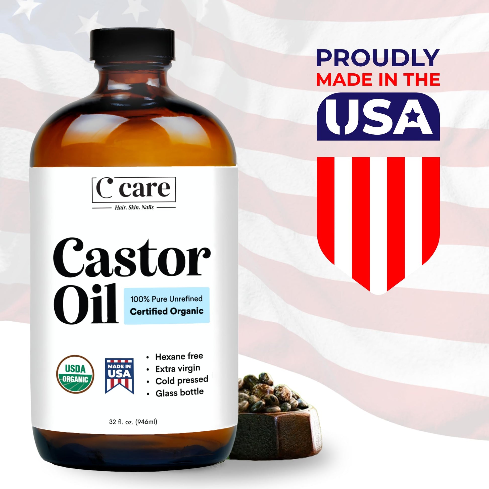 C CARE Aceite de Ricino Orgánico Prensado En Frío Sin Refinar Botella de Vidrio Sin Hexano Extra Virgen Usda Certificado Puro Aceite de Ricino Orgánico para Crecimiento Del Cabello Cejas Pestañas Uso