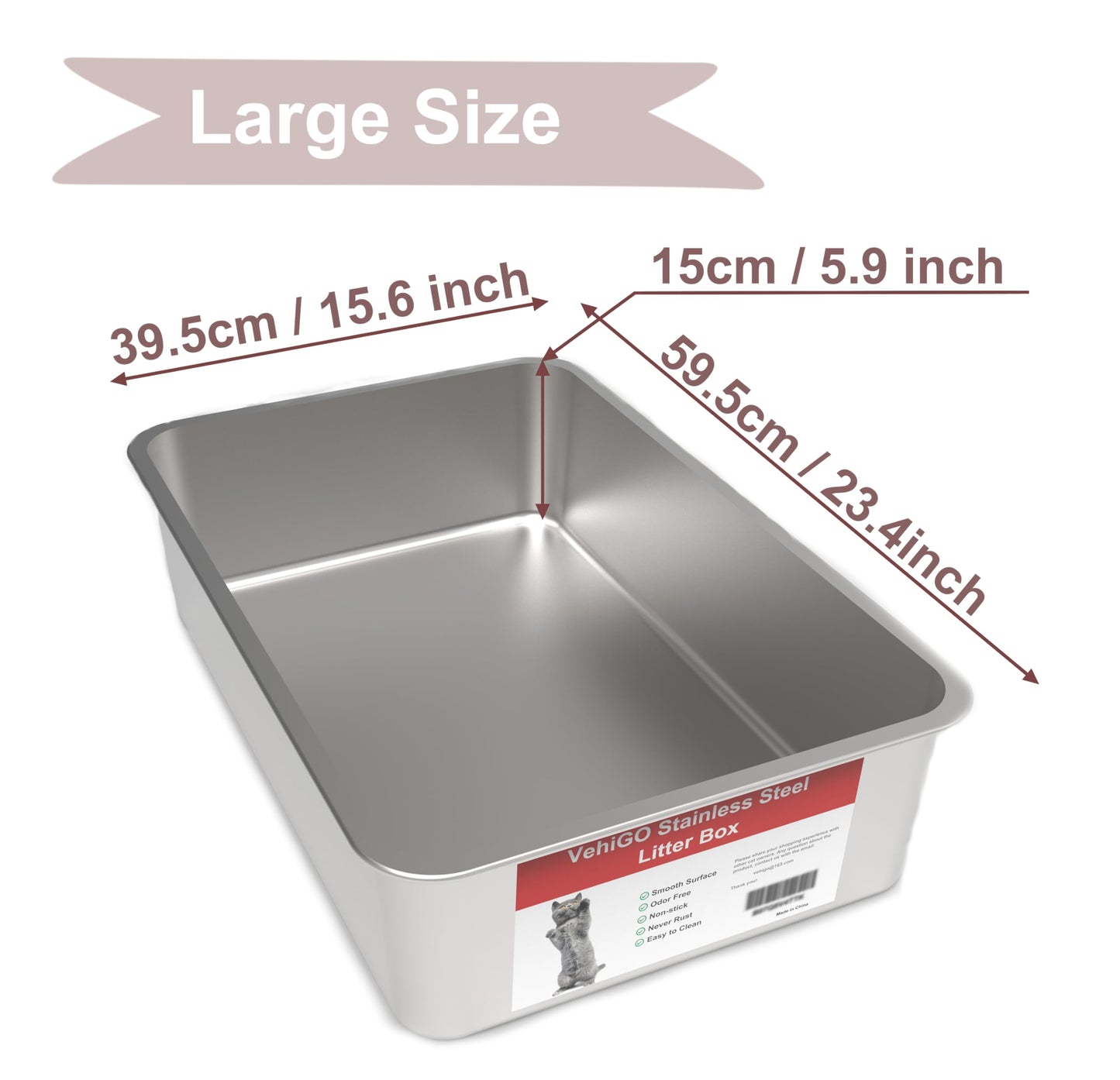 Caja de Arena para Gatos VehiGo Metal Extragrande Acero Inoxidable Resistente Superficie Lisa Fácil de Limpiar