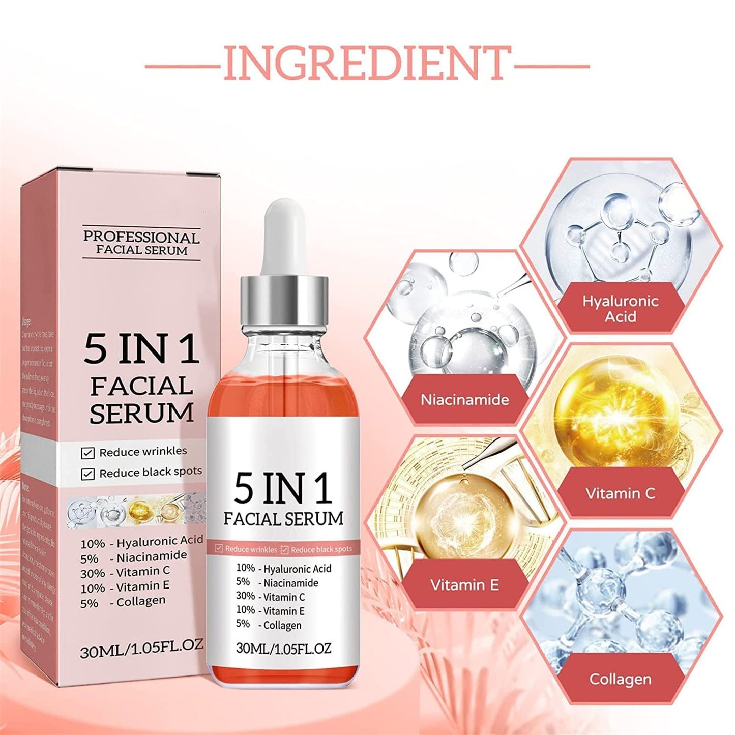 Suero facial 5 en 1,Suero antienvejecimiento con refuerzo de colágeno,Reduce las arrugas Suero facial,Suero de vitamina C para la cara con ácido hialurónico,Mejora la sequedad y la aspereza