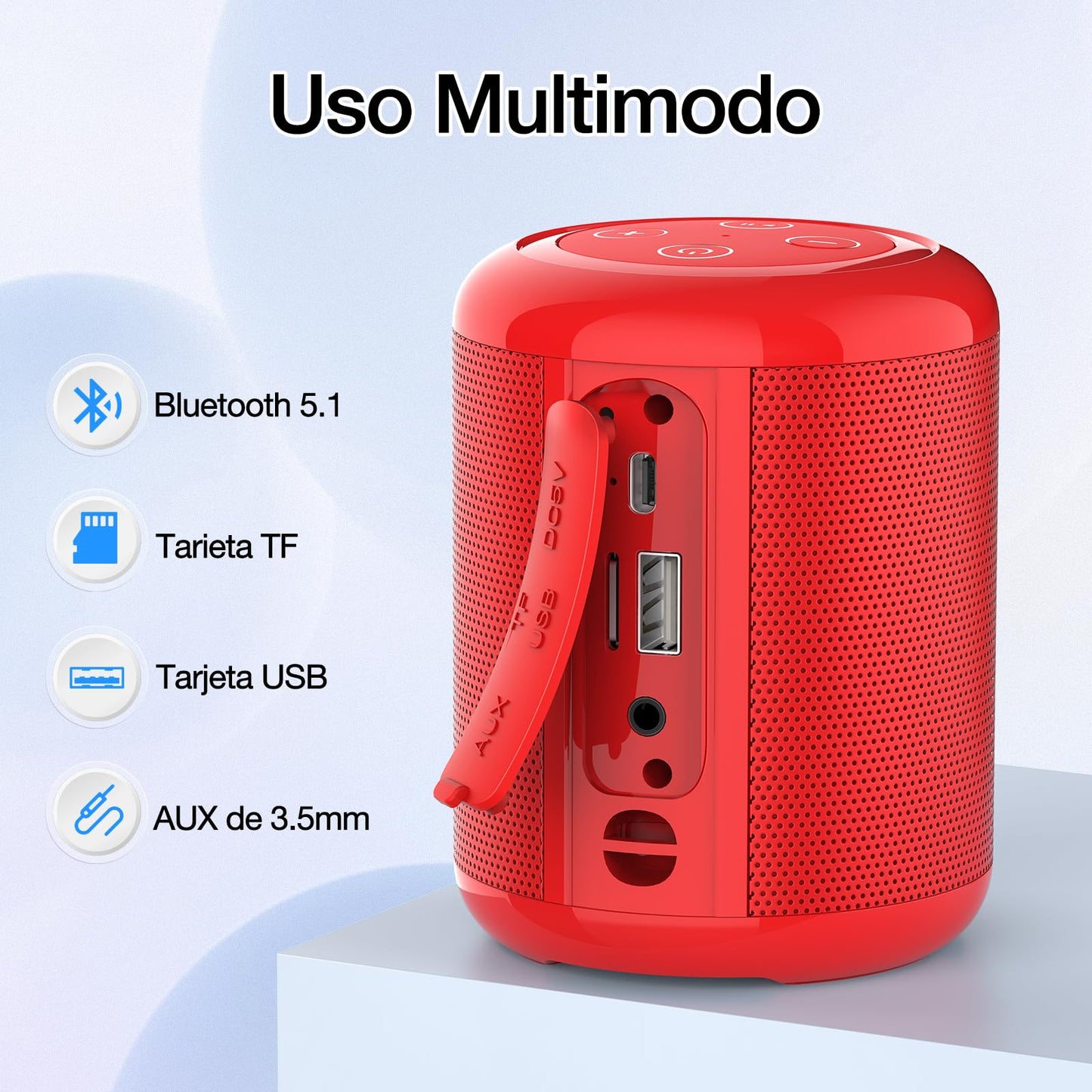 Bocina Bluetooth Portátil 1 Hora Rojo Mini Altavoz Inalámbrico 5W Ideal para Viajar y Campear
