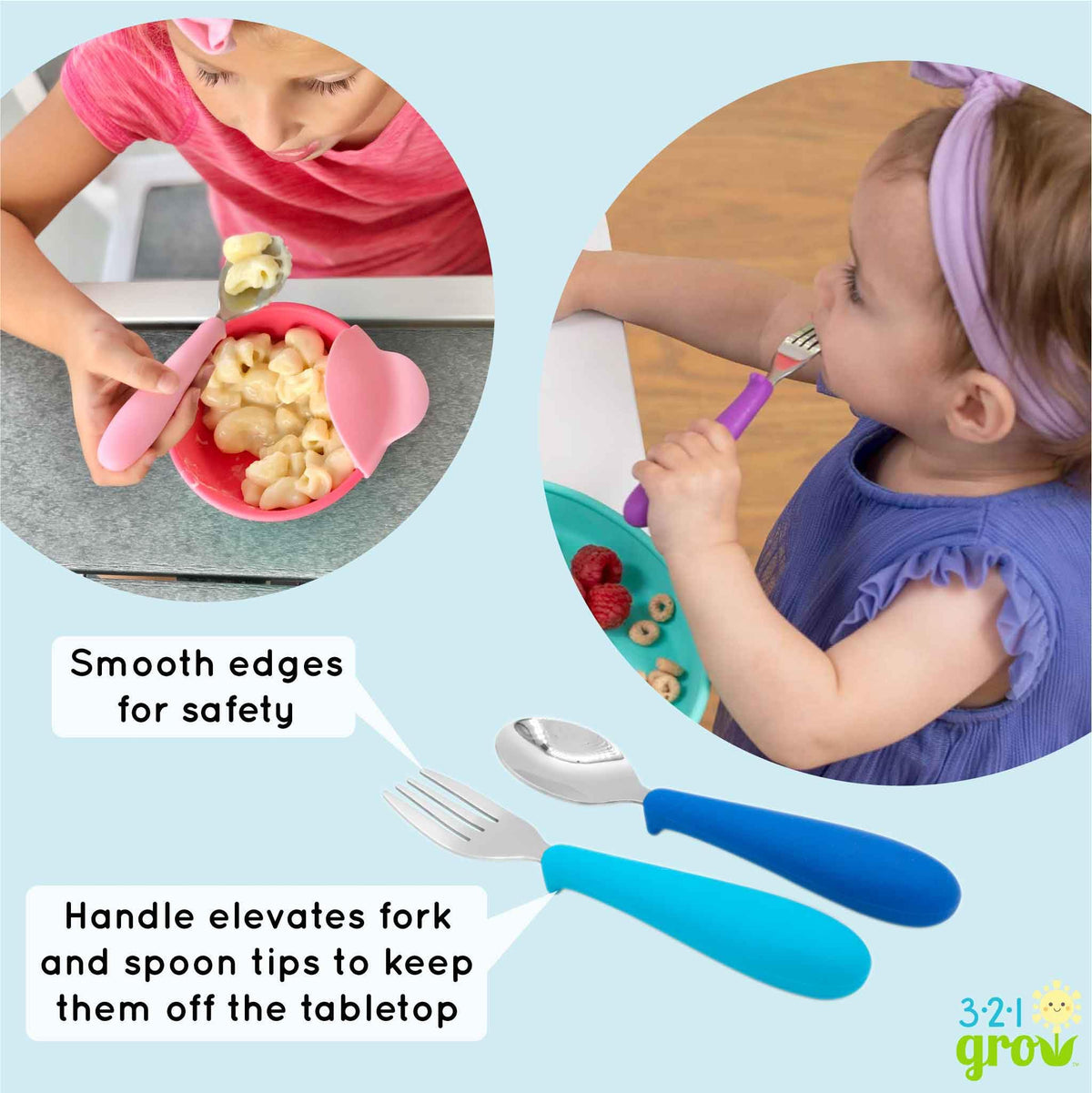 321 Grow • Juego de cuchara y tenedor Eat with Me • Utensilios seguros para niños y niños • Juego de 4 piezas • Acero inoxidable con mango de silicona • 12 meses + (medianoche)