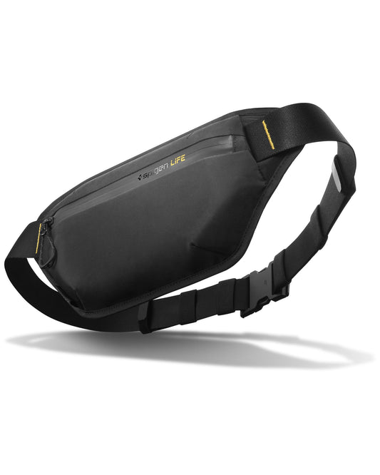 Riñonera Spigen Life Negro Gran Capacidad con 4 Bolsillos Independientes para Viajes, Senderismo y Deportes