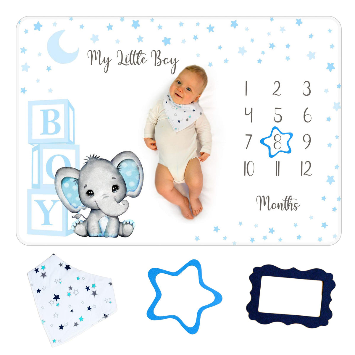 Baby Monthly Milestone Blanket Boy - Premium Extra Soft Fleece Blanket for Baby Shower - Newborn Month Milestone Blanket for Baby Boy Nursery Decor - Capture Baby Growth - with Baby Bib + 2 Frames