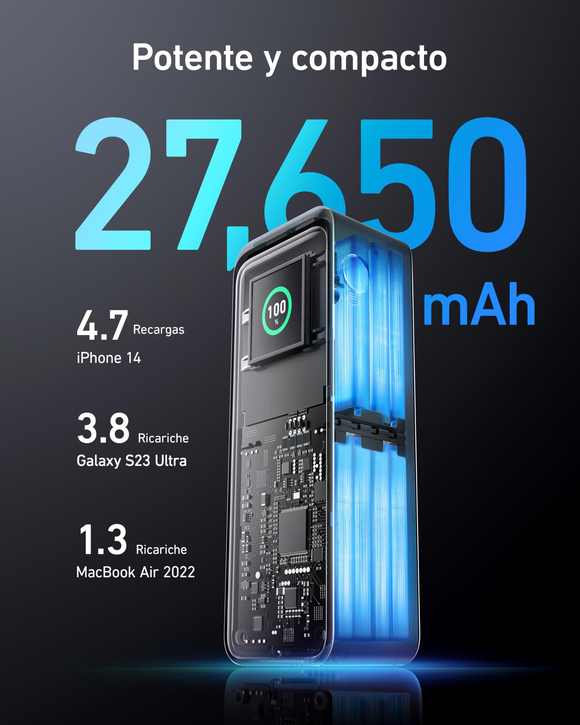 Power Bank Anker Prime Negro de 27,650mAh y 250W con 3 Puertos y App Inteligente