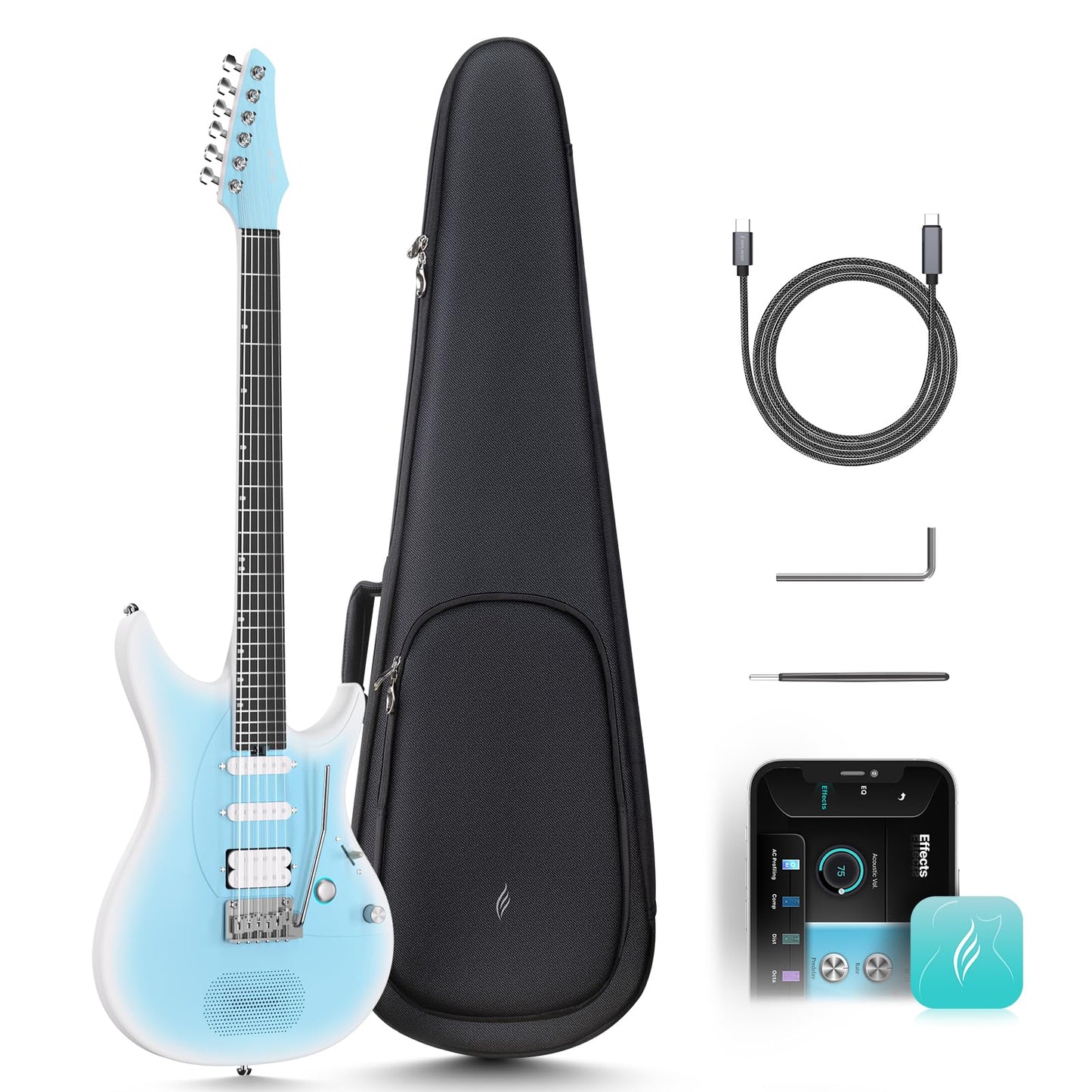 Enya Guitarra eléctrica Inspire Guitarra eléctrica inteligente de fibra de carbono de tamaño completo de 39 pulgadas con altavoz inalámbrico de 15 W, 20 tonos distintos, preajustes a bordo, bolsa de