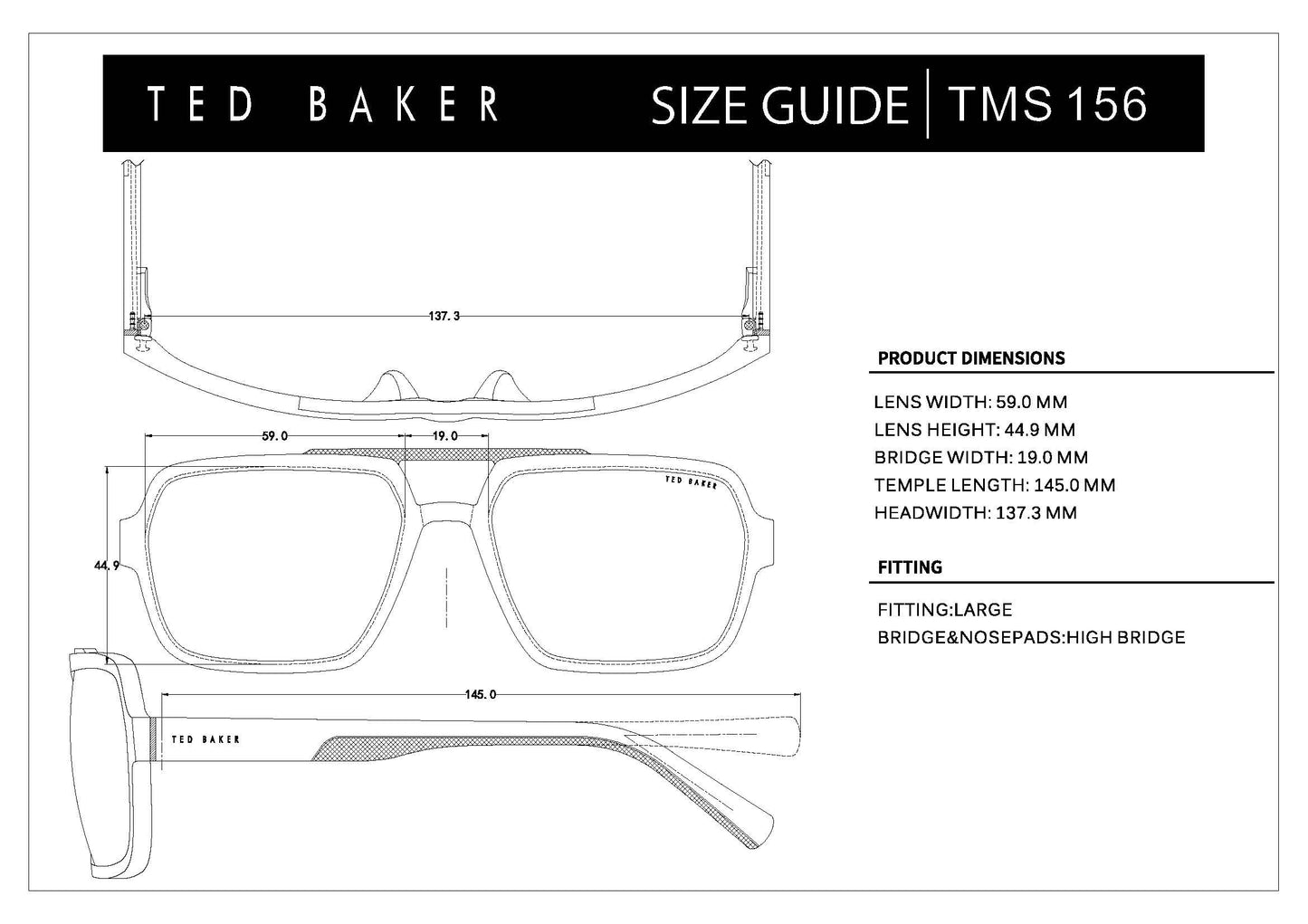 Ted Baker Gafas de sol polarizadas Navigator para hombre TMS156, protección UV400, 59 mm, negro mate.