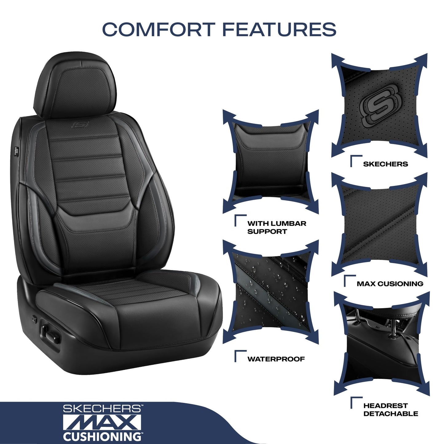 Skechers MAX Cushioning - Fundas de asiento de coche, fundas de asiento de coche de cuero y espuma viscoelástica, impermeable, protector de asientos de coche, asientos delanteros, cojín de asiento de