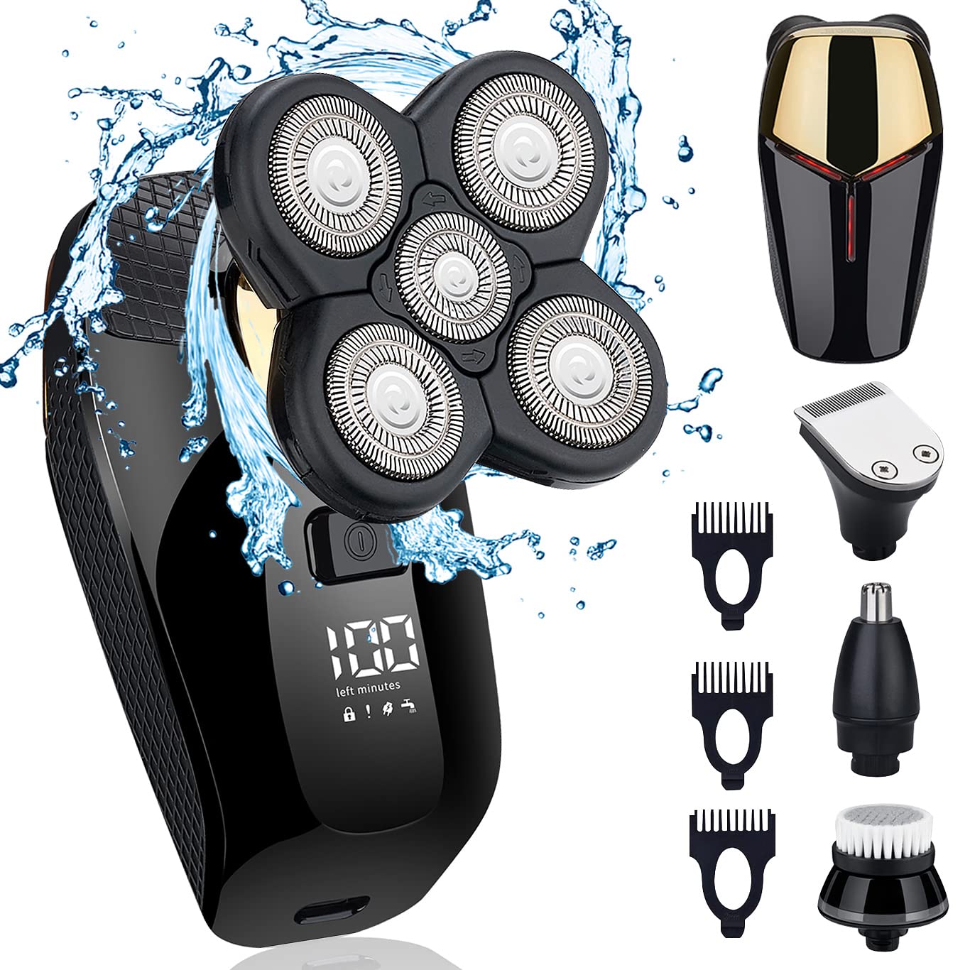 HONTEC Juego de afeitadora de cabeza eléctrica 4 en 1, también se adapta a afeitadora de cabeza Freedom Grooming con cortapelos para nariz y oídos, limpieza facial, maquinillas de afeitar inalámbricas, IPX6, impermeable, húmedo y seco