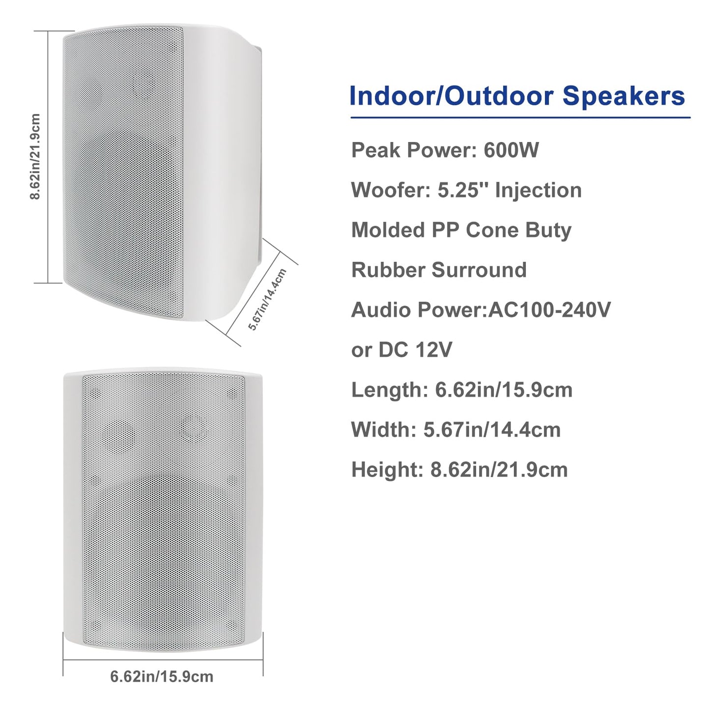 STUDIOFINIX - Altavoces para Exteriores de 5.25 Pulgadas, 600 W, Impermeables, con Cable, pasivos de Montaje en Pared para Patio, cochera, hogar, 2 Pares (Blanco)