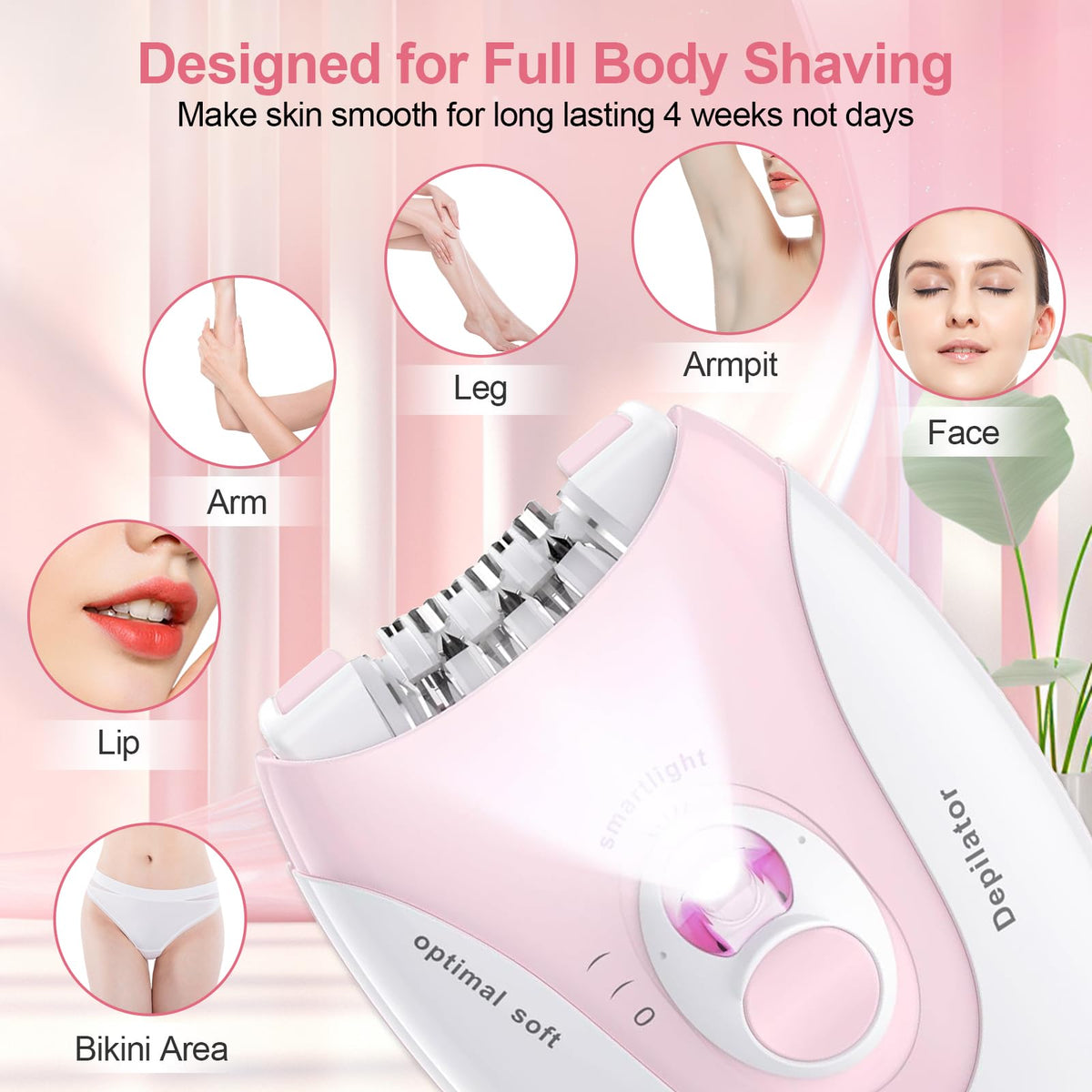Smooth Glide Depiladora para mujer, depiladoras con luz LED, dispositivo de depilación facial de 2 velocidades, con una almohadilla de masaje vibrante y 36 pinzas para axila, brazo, pierna, bikini