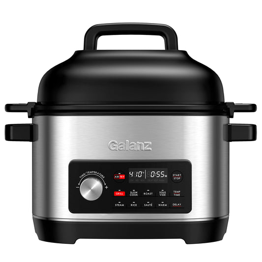 Galanz Cocina múltiple 8 en 1 con freír al aire, al aspiradora, arroz, saltear, cocción lenta, vapor, asado y parrilla, tazón extraíble de 8 cuartos de galón, 8 programas preestablecidos, acero inoxidable