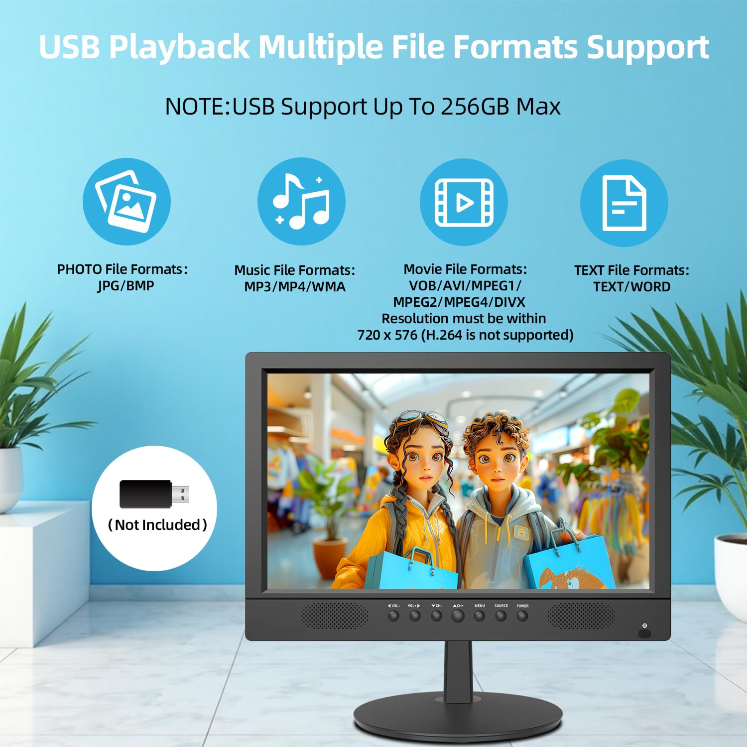 Jexiop TV de visualización plana de 16 pulgadas, televisor pequeño con control remoto, perfecto Full HD 1080P para cocina, entrada de adaptador de CA de doble alimentación DC-12V y CA para tu RV y