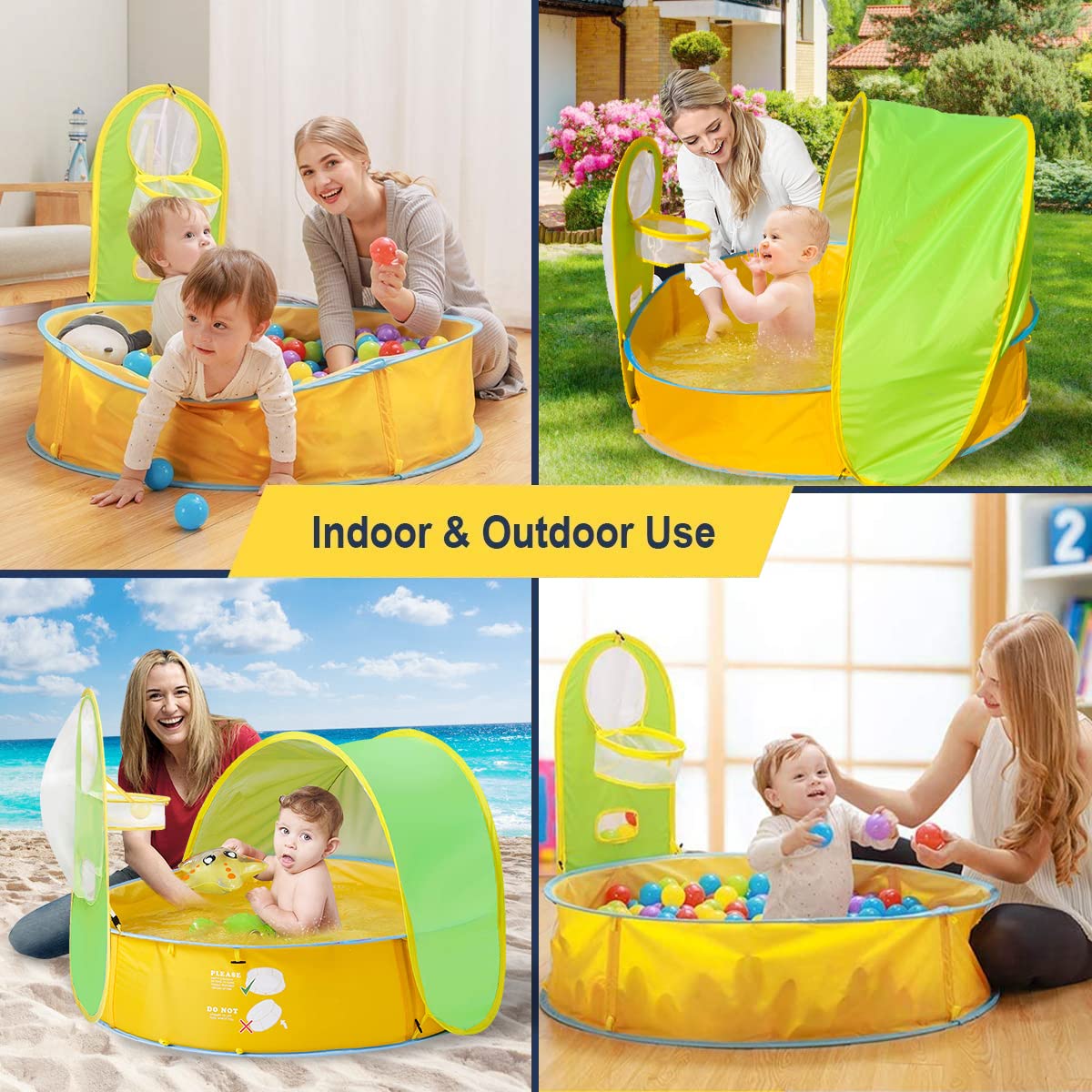 FBSPORT Tienda de campaña de playa para bebé, refugio solar portátil, tienda de campaña para niños, piscina infantil, protección UPF 50+ con aro de baloncesto