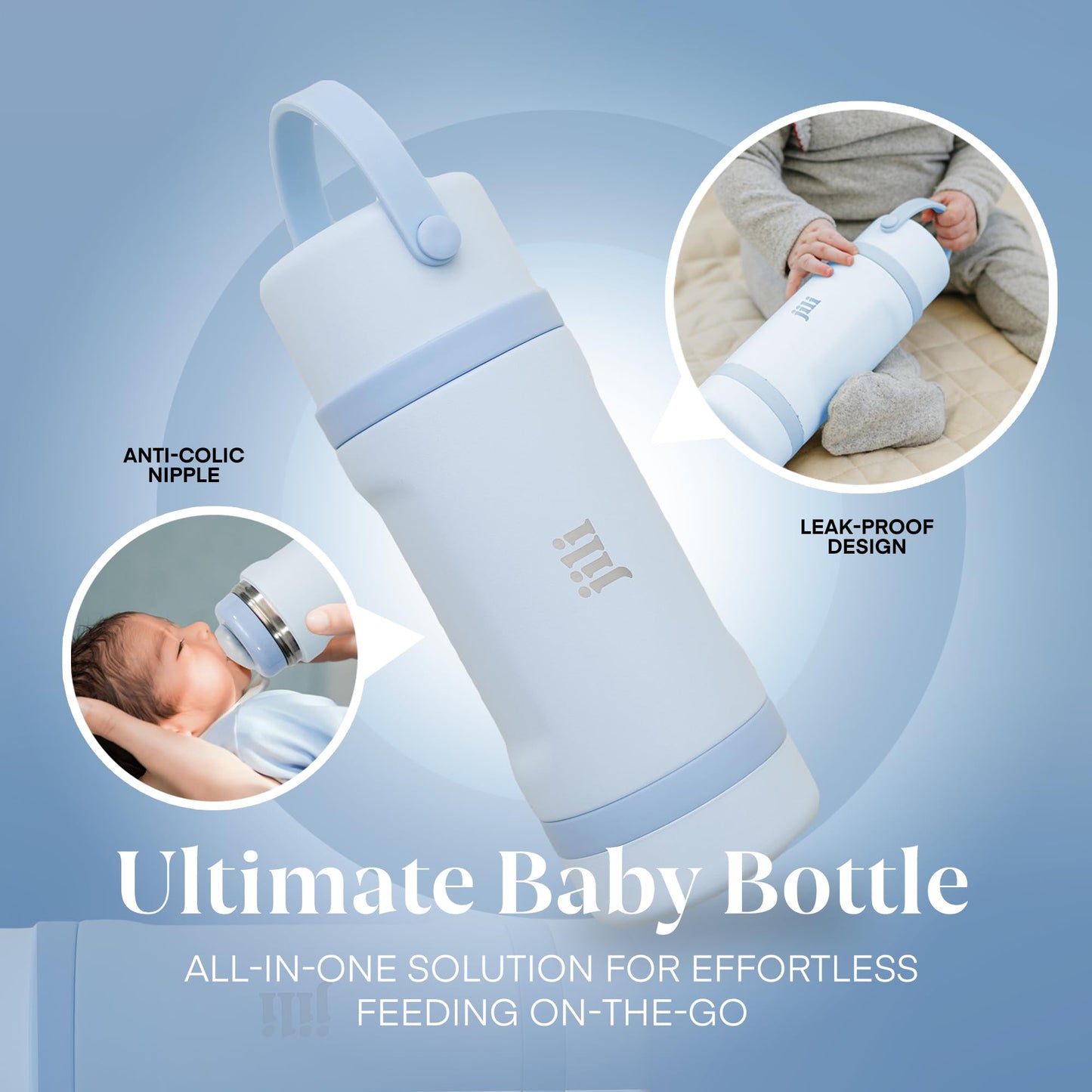 Jili Biberón todo en uno, botella de acero inoxidable aislada con contenedor para fórmula, tetina anticólicos y tapa a prueba de fugas, artículos esenciales para bebé para viajar, libre de BPA