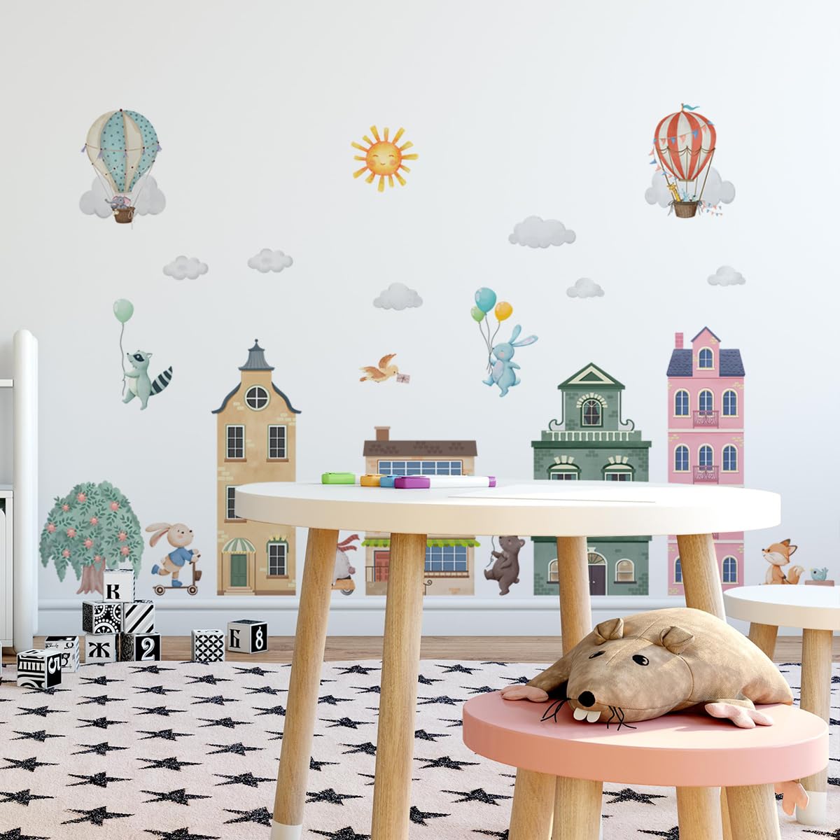 Calcomanías de pared con globos de aire caliente de acuarela, construcción de ciudad, globos de aire caliente, calcomanías de pared, decoración de animales, para recámara, sala de juegos, habitación