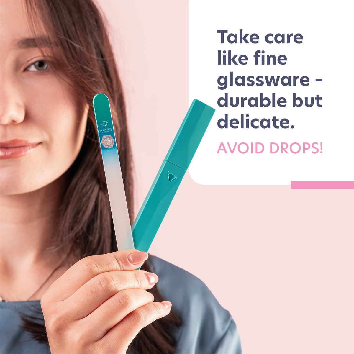 Bona Fide Beauty Double Sided Bohemian Crystal Czech Glass Nail File in Plastic Sleeve, Green/Aqua
