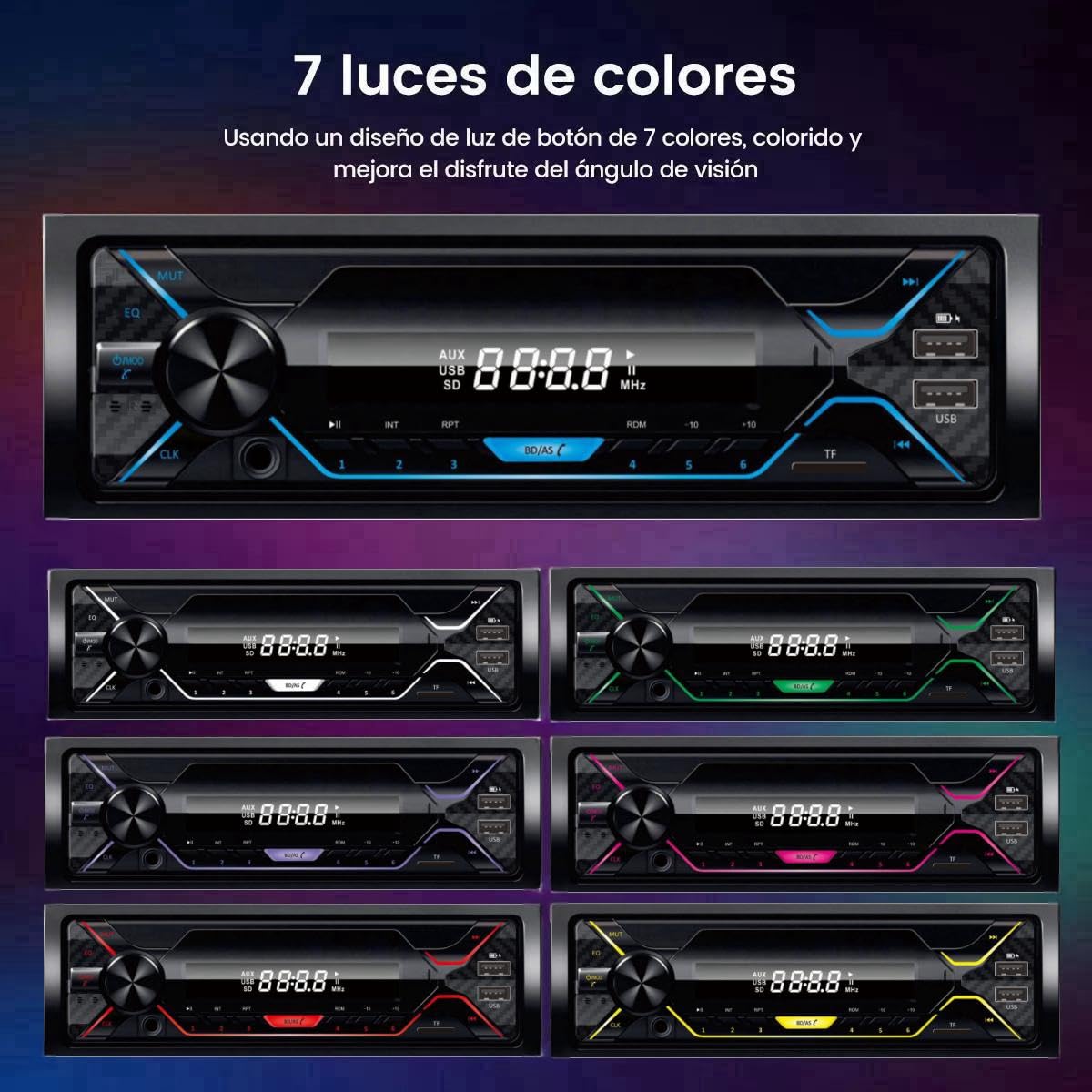 Auto Estereo Bluetooth MP3 Radio Reproductor Música De Coche Manos Libres FM SD Aux USB Luz Multicolores