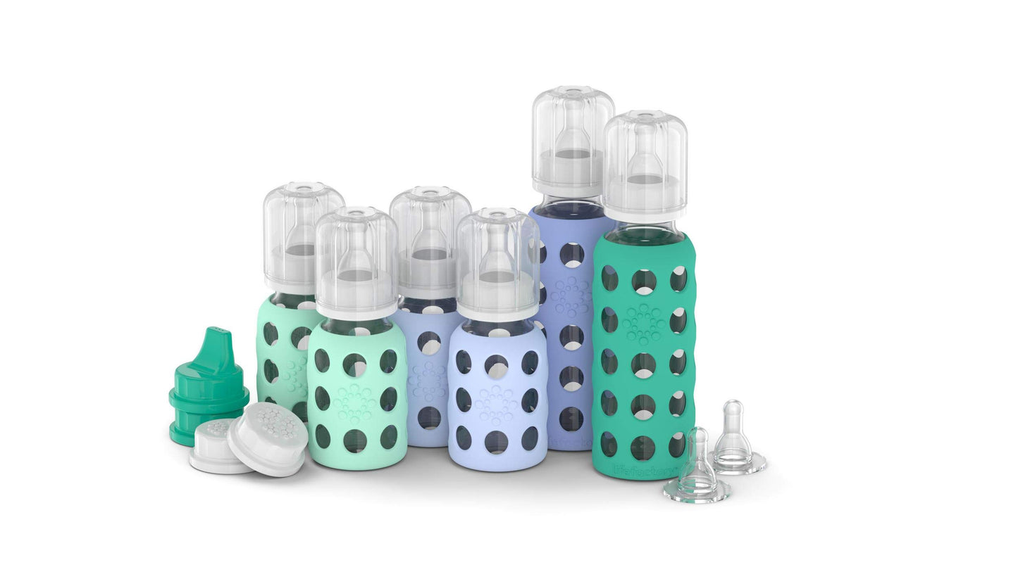 Lifefactory - Juego de 6 Biberones: (4) de 4 Onzas en Menta/Manta, (2) de 9 Onzas en Col Rizada/Arándano, (2) Gorras Planas, (2) Gorras para Sorber, (2) Pezones para Etapa 2