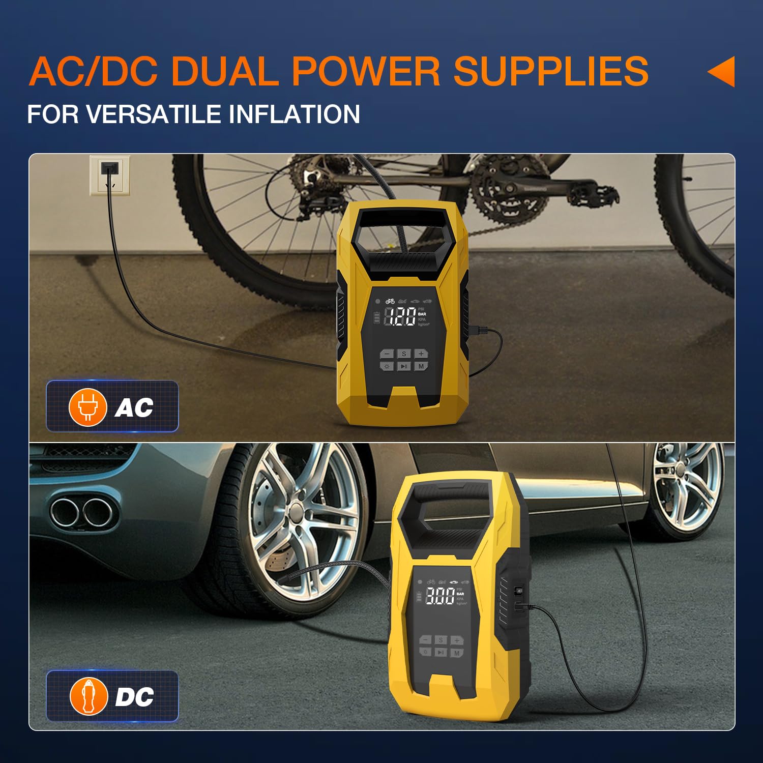 Nilight - Inflador de neumáticos AC/DC, compresor de aire portátil, fuente de alimentación doble, 110 V, CA, 12 V, CC, 150 PSI, inflado rápido, resistente con indicador de presión de luz LED, bomba de