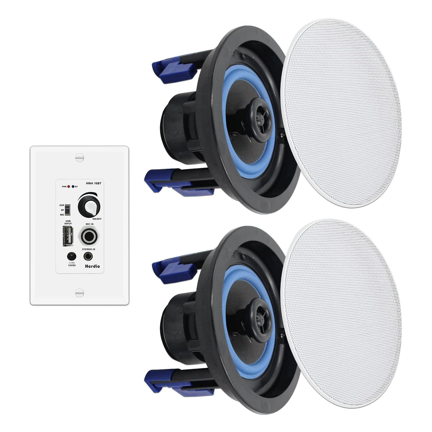 Herdio Altavoces de Techo y Pared Bluetooth HCS-418 de 4 Pulgadas de 160 W, Empotrable en Pared, Receptor Amplificador, Adecuado para Interior y Porche Cubierto, Blanco