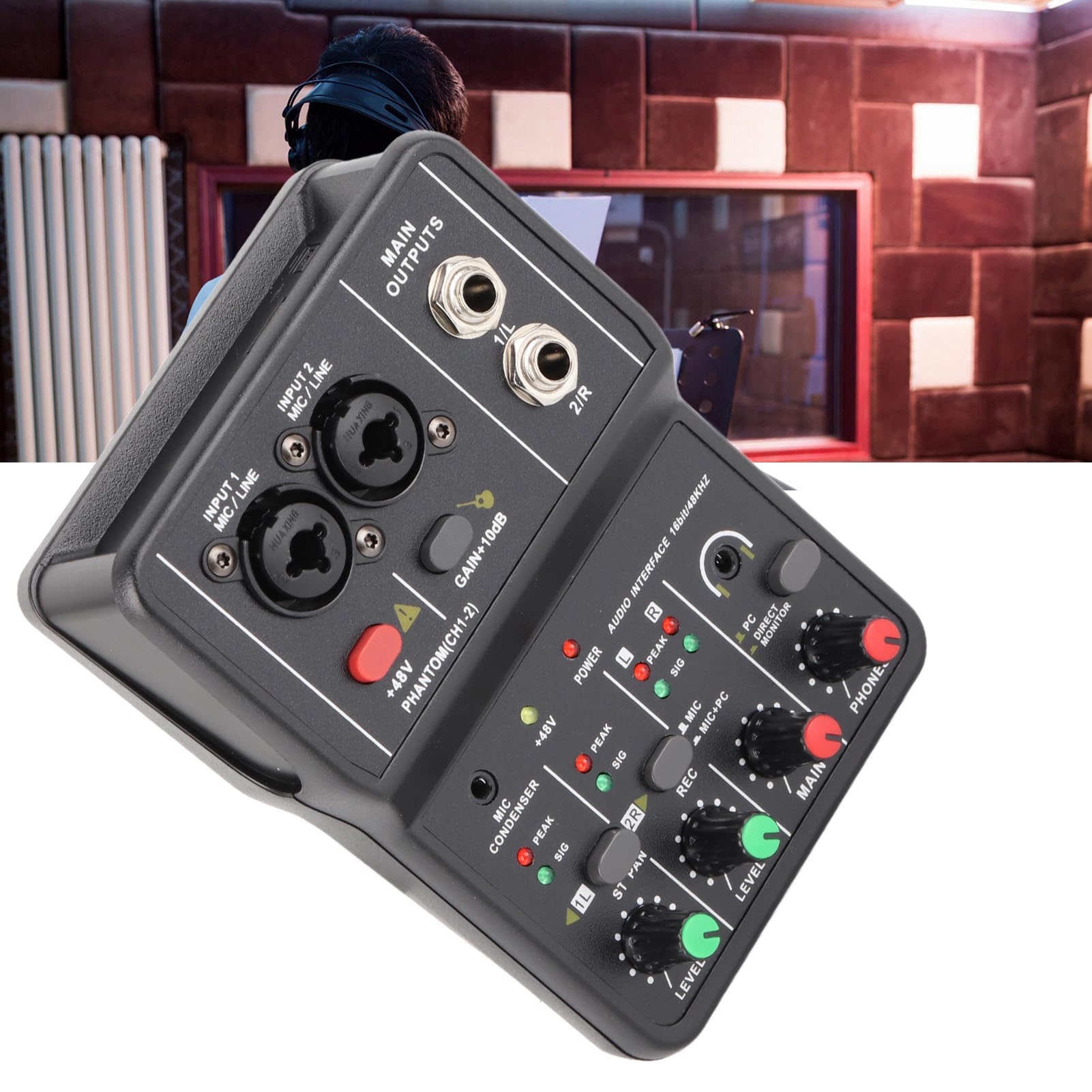Chazcool Mezclador de Audio de 2 Canales, Consola de Mezcla de Sonido Compacta, Tarjeta de Sonido Usb, Phantom Power 48V, Control de Volumen Independiente, para Grabación de PC Música, Karaoke en Casa