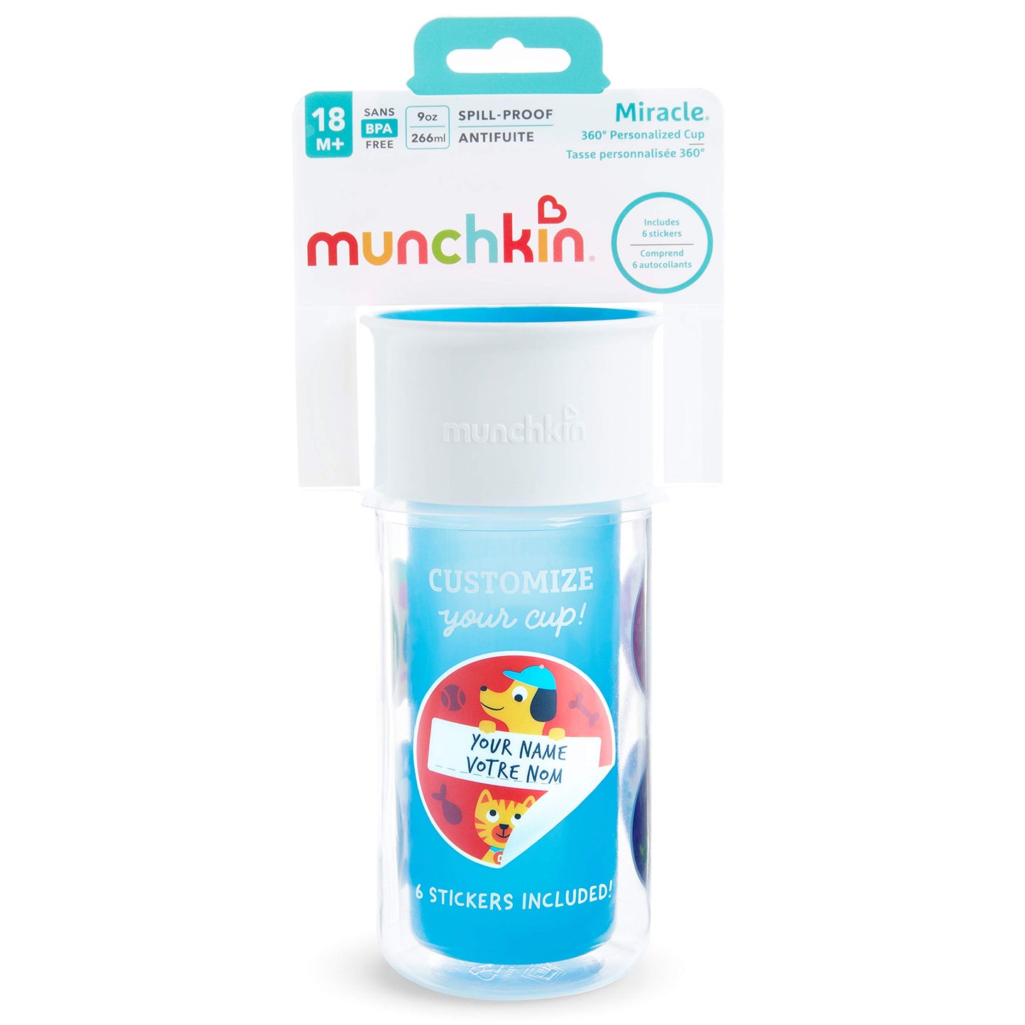 Munchkin Miracle 360 Taza con aislamiento térmico, incluye pegatinas para personalizar la taza, 10 oz, azul