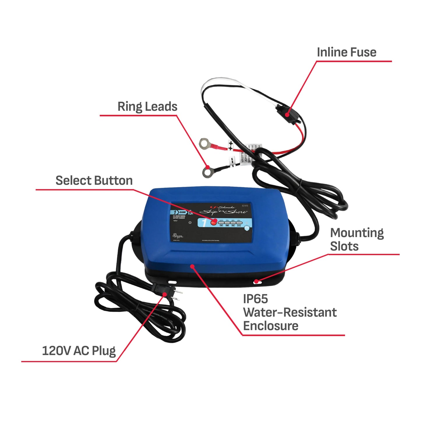 Schumacher Ship 'n Shore SC1470 15A 12V Cargador de batería Marino a Bordo – para baterías estándar, AGM, Gel y Ciclo Profundo, Totalmente automático, Resistente al Agua