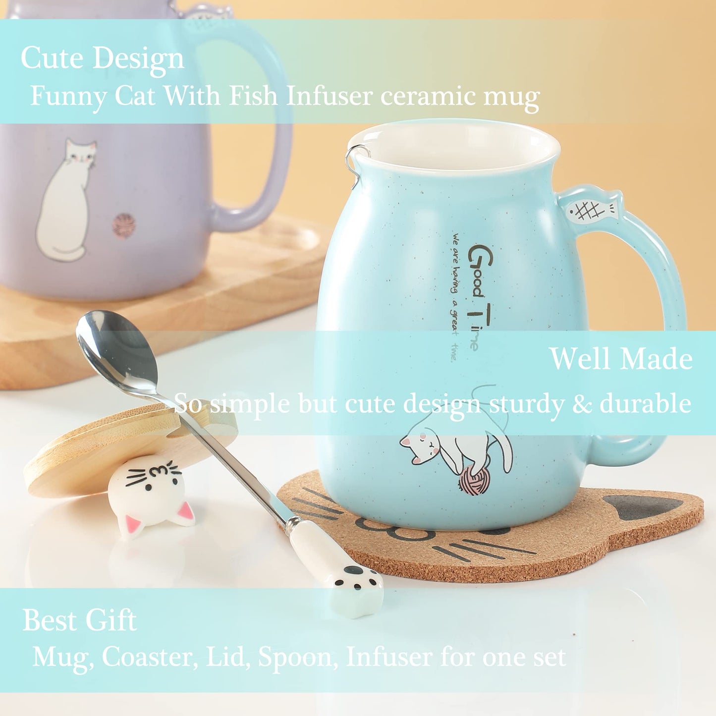BigNoseDeer - Taza de cerámica con infusor y tapa, taza de té para gatos Kawaii, taza de té con forma de cuchara y taza de té, lindos regalos para mujeres (azul 13 onzas)