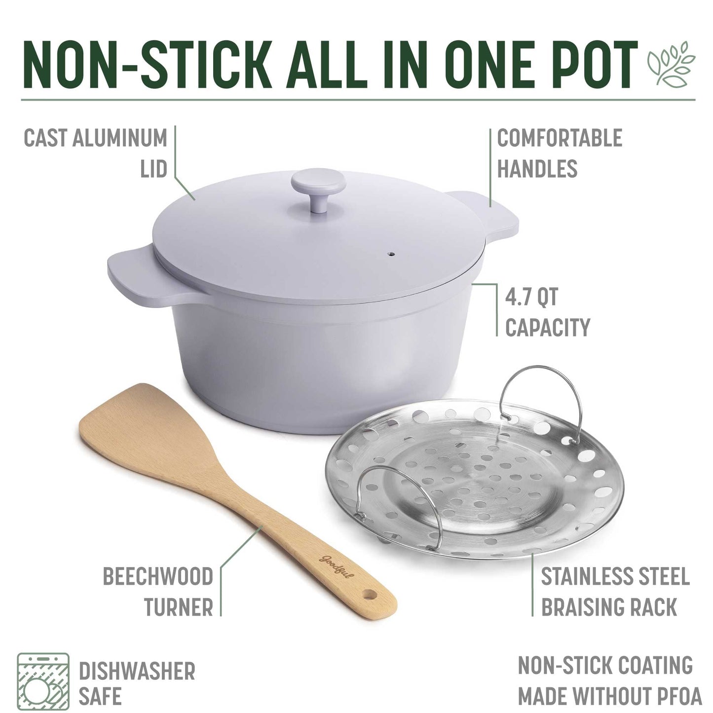 Goodful - Olla todo en uno, antiadherente de revestimiento múltiple, horno holandés fundido de alto rendimiento con tapa a juego, estante para asar y volteador, hecha sin PFOA, utensilios de cocina