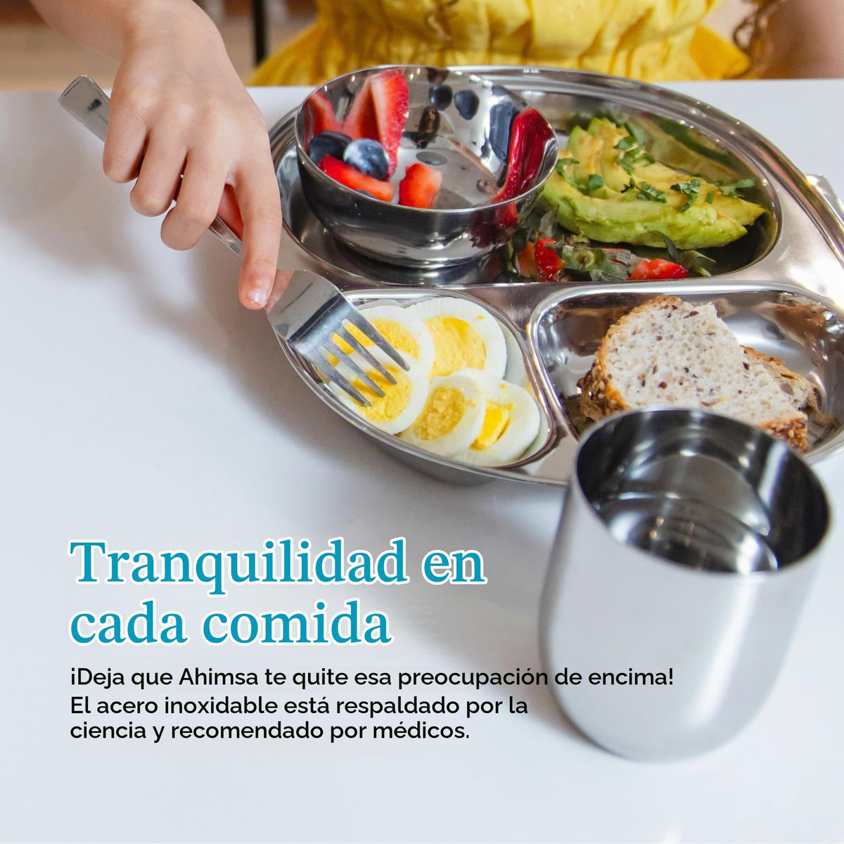 Ahimsa - Platos divididos para niños, acero inoxidable, 4 platos