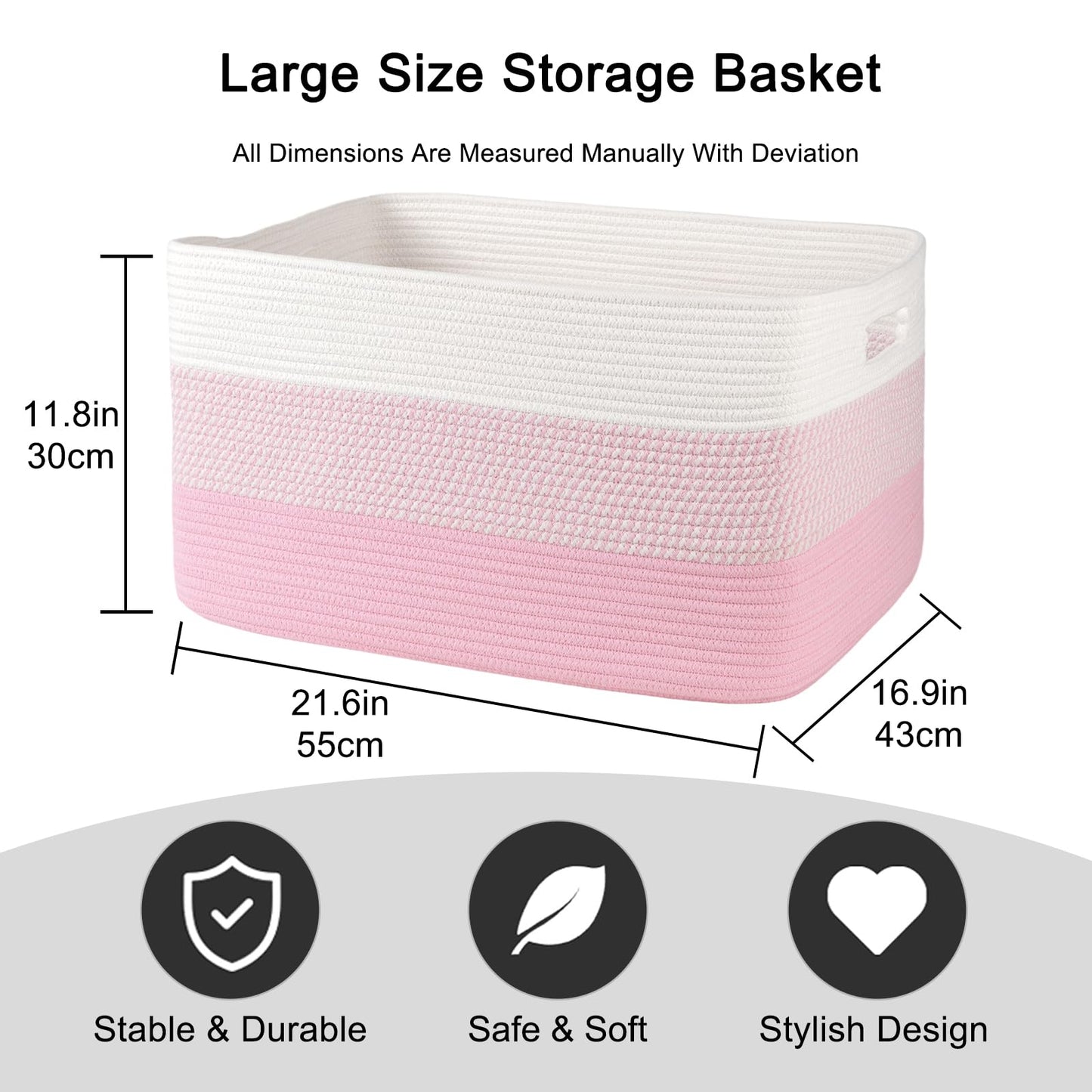 OIAHOMY - Cesta de Manta Grande, 22 X 17 X 12 Pulgadas, Cestas Tejidas Rectangulares para Guardería, Sala de Estar, Almacenamiento de Juguetes con Asa, Cestas Grandes para Organizar, Color Rosa/blanco