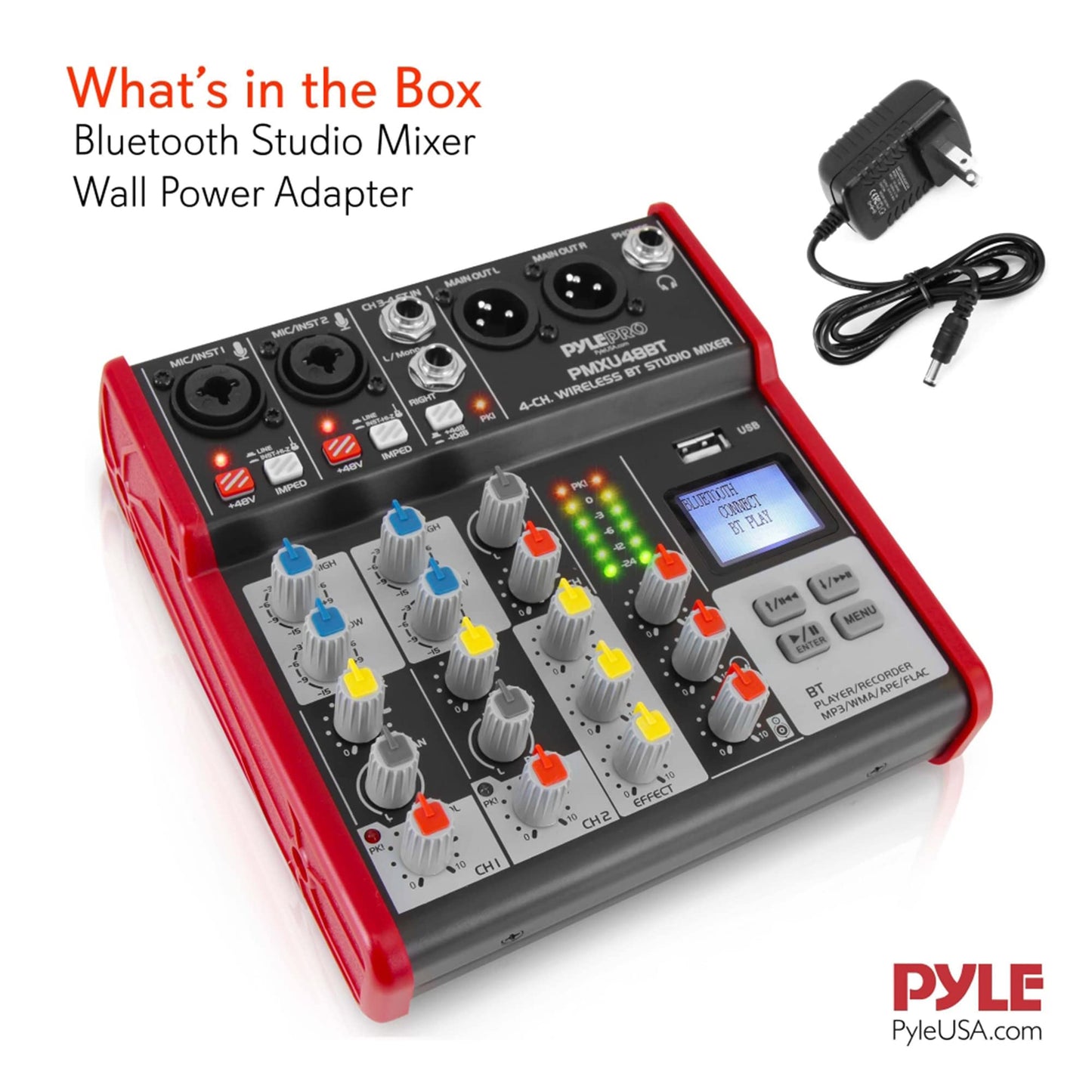 Consola de DJ Digital Pyle Rojo Compatible con Bluetooth y Mezclador USB 4 Canales
