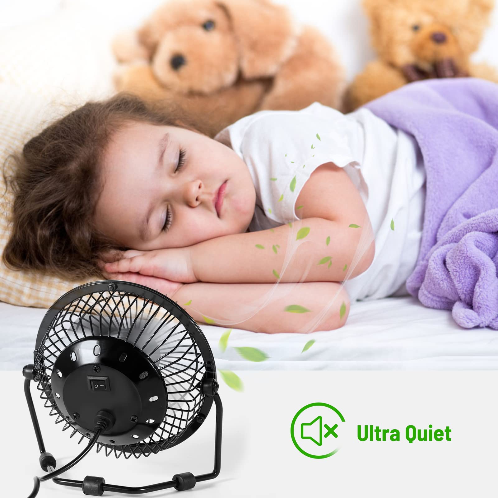 AMKEN - Ventilador de computadora pequeño, ventilador USB de 4 pulgadas alimentado por USB, rotación de 360°, pequeños ventiladores para recámara, oficina, mesa, ventilador de refrigeración personal