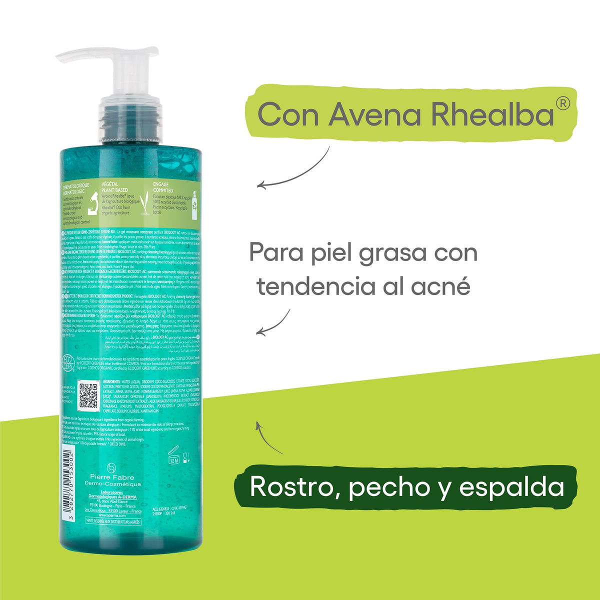 ADERMA, Biology AC Gel Limpiador Purificante, Para Piel Mixta a Grasa con Tendencia Acnéica, 400 ml