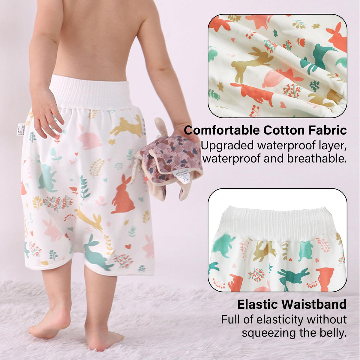 Pantalones de pañales impermeables para bebés y niños, paquete de 2 pantalones absorbentes para entrenamiento para niños y niñas, uso de día y noche (pantalón de conejo + falda L)