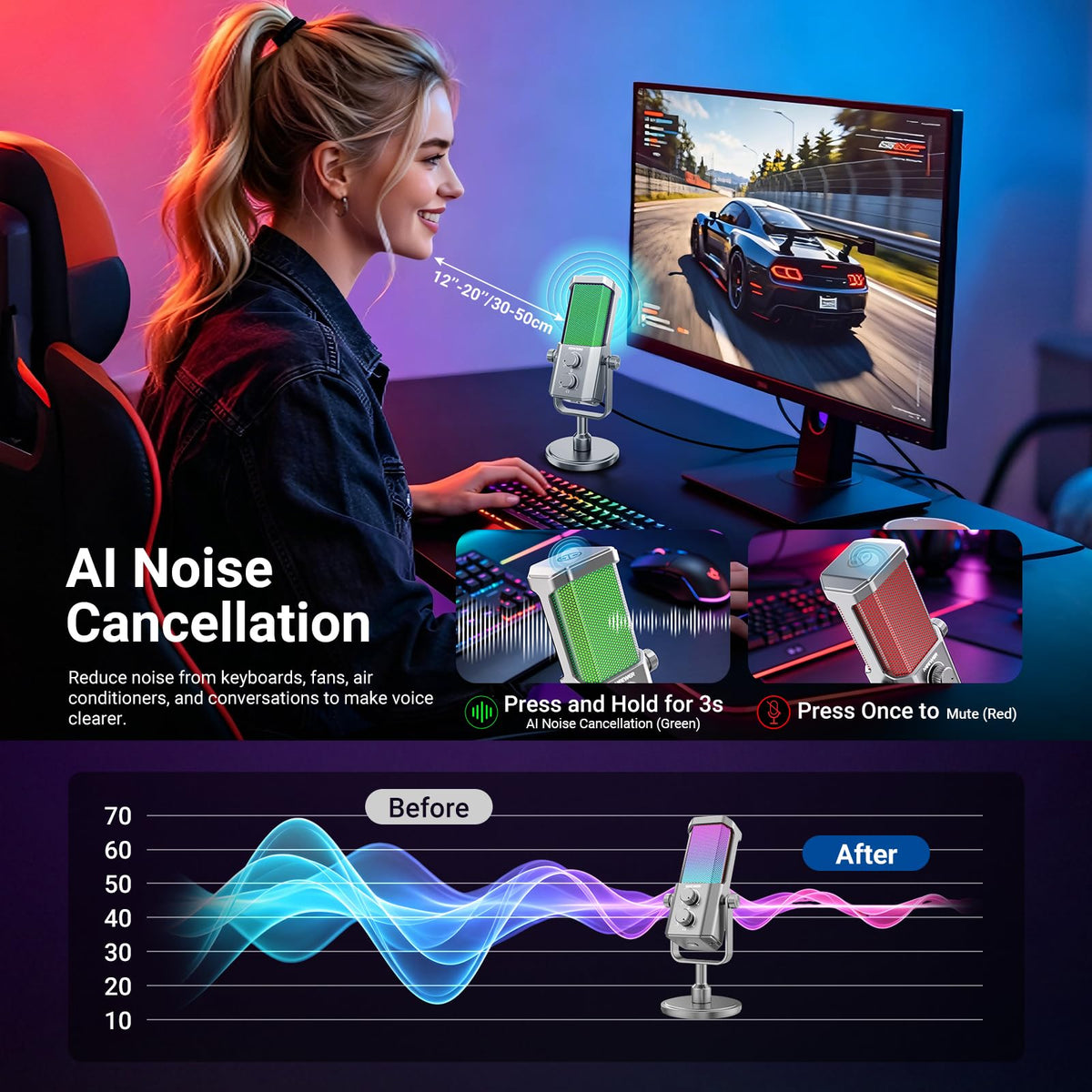 Micrófono USB NEEWER UM01 Plata Cancelación de Ruido RGB para Podcasting