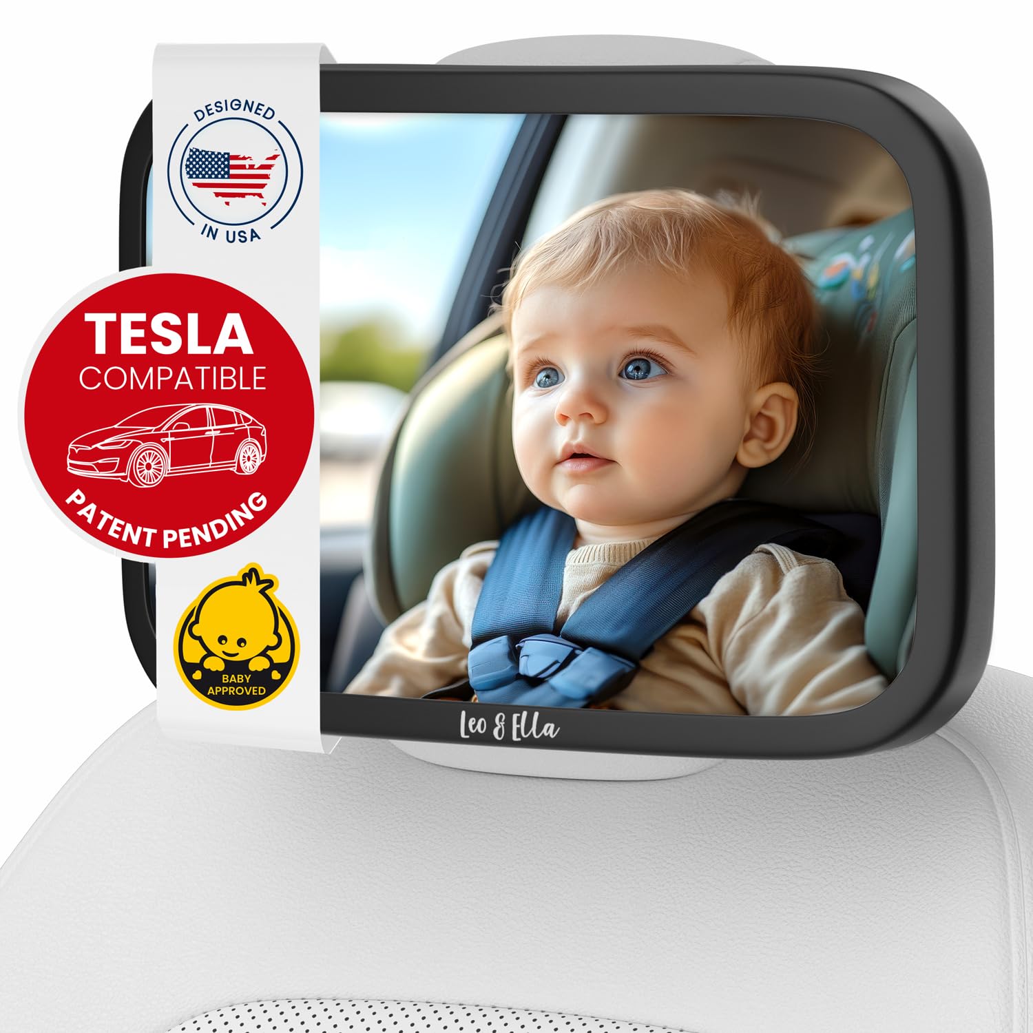 Leo and Ella - Tesla - Espejo de coche fijo para bebé, espejo de coche extragrande para bebé, montaje de seguridad inastillable y ajustable con correa elástica