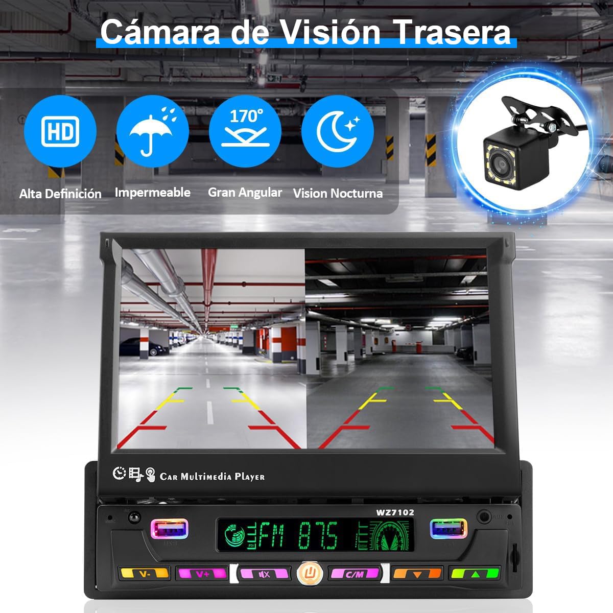 HIMICAR Estereo Retráctil 7 Pulgada con Enlace Espejo Autoestéreo Reproductor MP5, Bluetooth 5.0, Entrada Auxiliar, Radio FM, USB, TF, Cámara de Visión Trasera