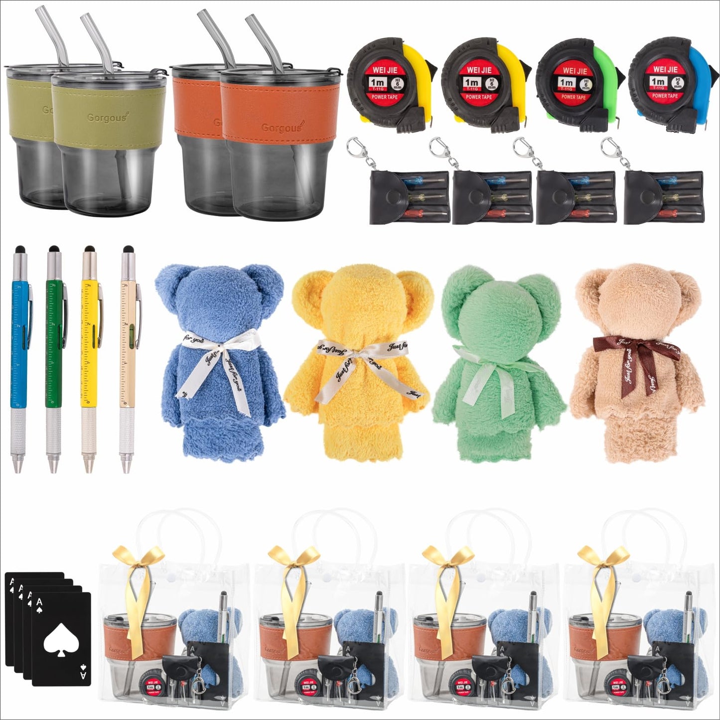 Buecobby - Juego de 4 premios para baby shower para hombres, con vaso de vidrio, paño de limpieza, abridor de botellas, mini destornillador, juego de llaveros, bolígrafo multiherramienta, premios